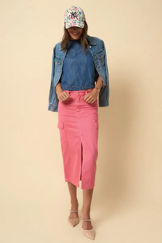 Color Cargo Denim Midi Skirt