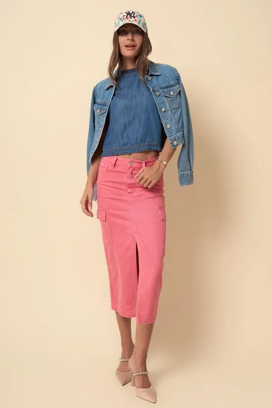 Color Cargo Denim Midi Skirt