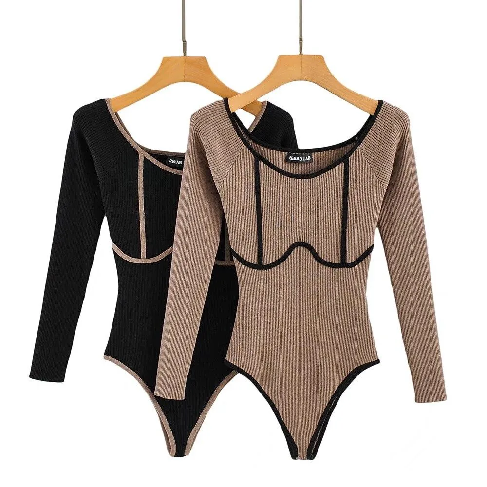 Contrast color Chest Crescent Moon Backless Knitted Bodysuit