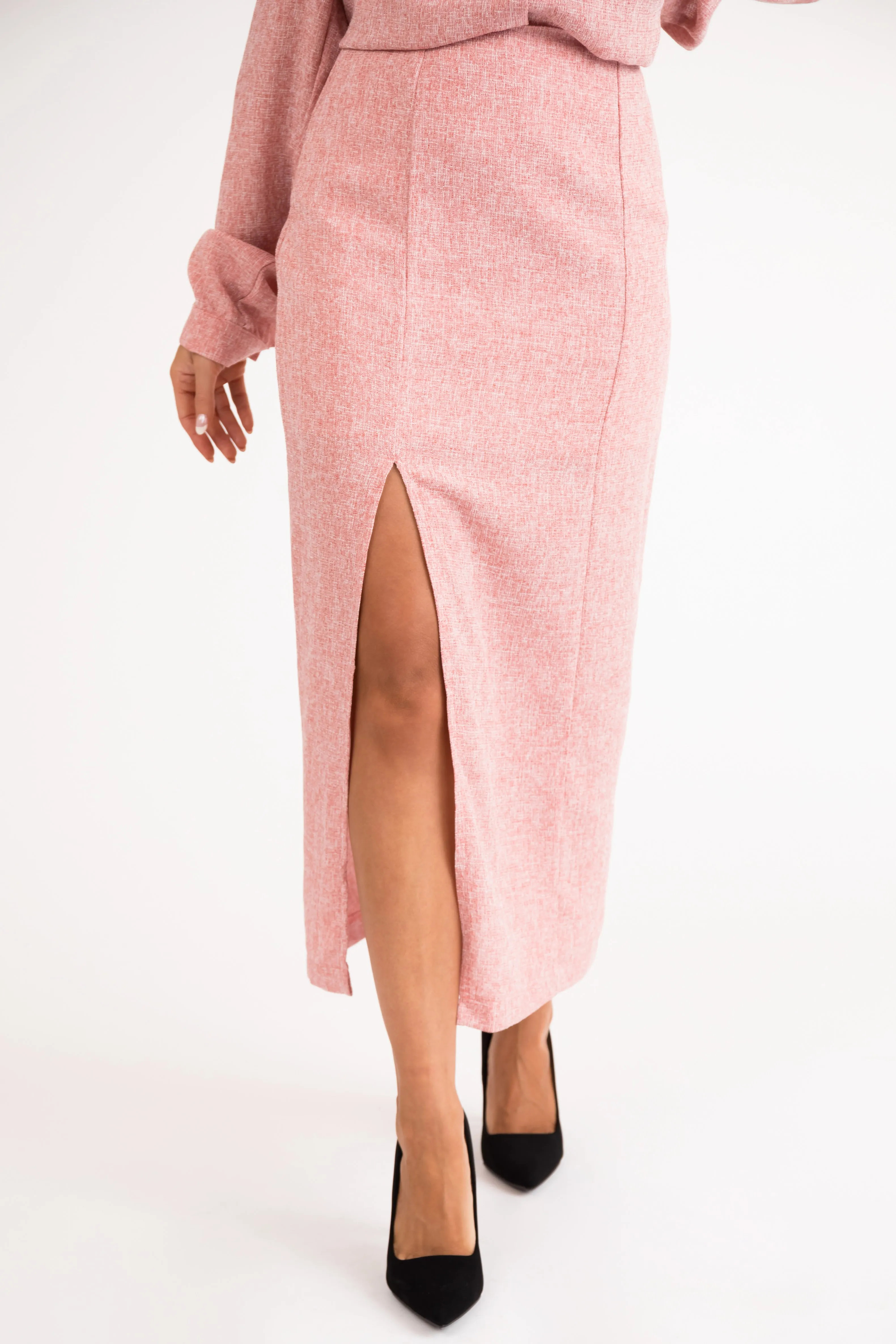 Coral Tweed Knee Slit Midi Skirt