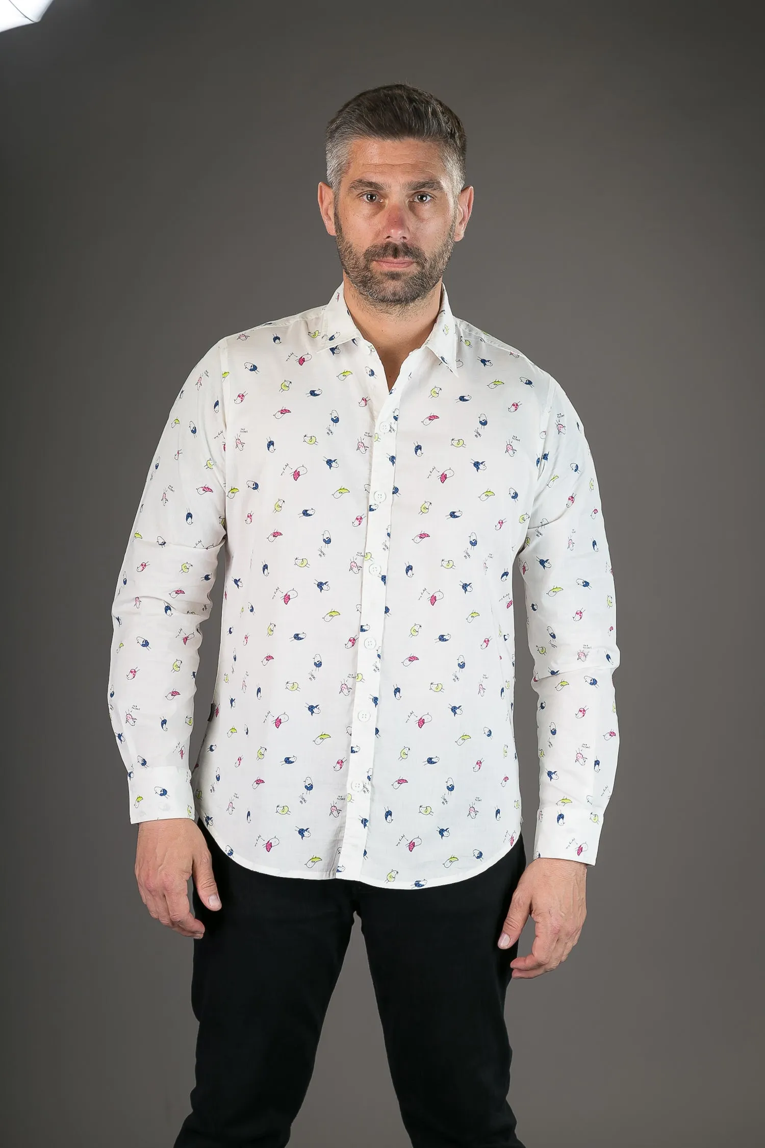 Cotton Bird Print White Slim-Fit Mens Long Sleeve Shirt