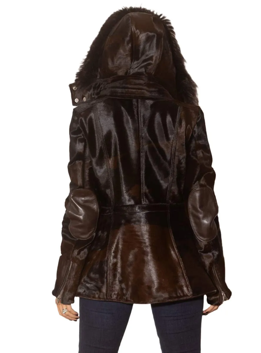 Cowhide Leather Jacket with Raccoon Fur Trimmed Hood