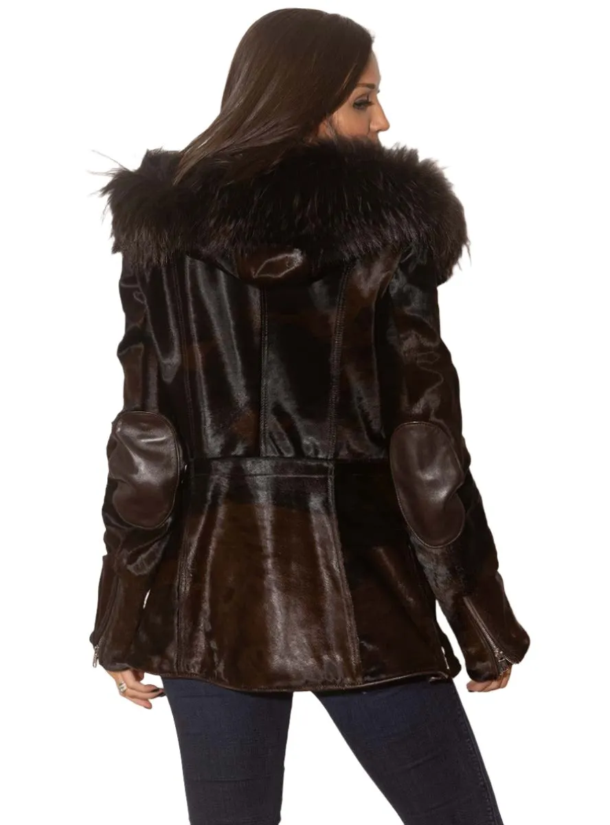 Cowhide Leather Jacket with Raccoon Fur Trimmed Hood