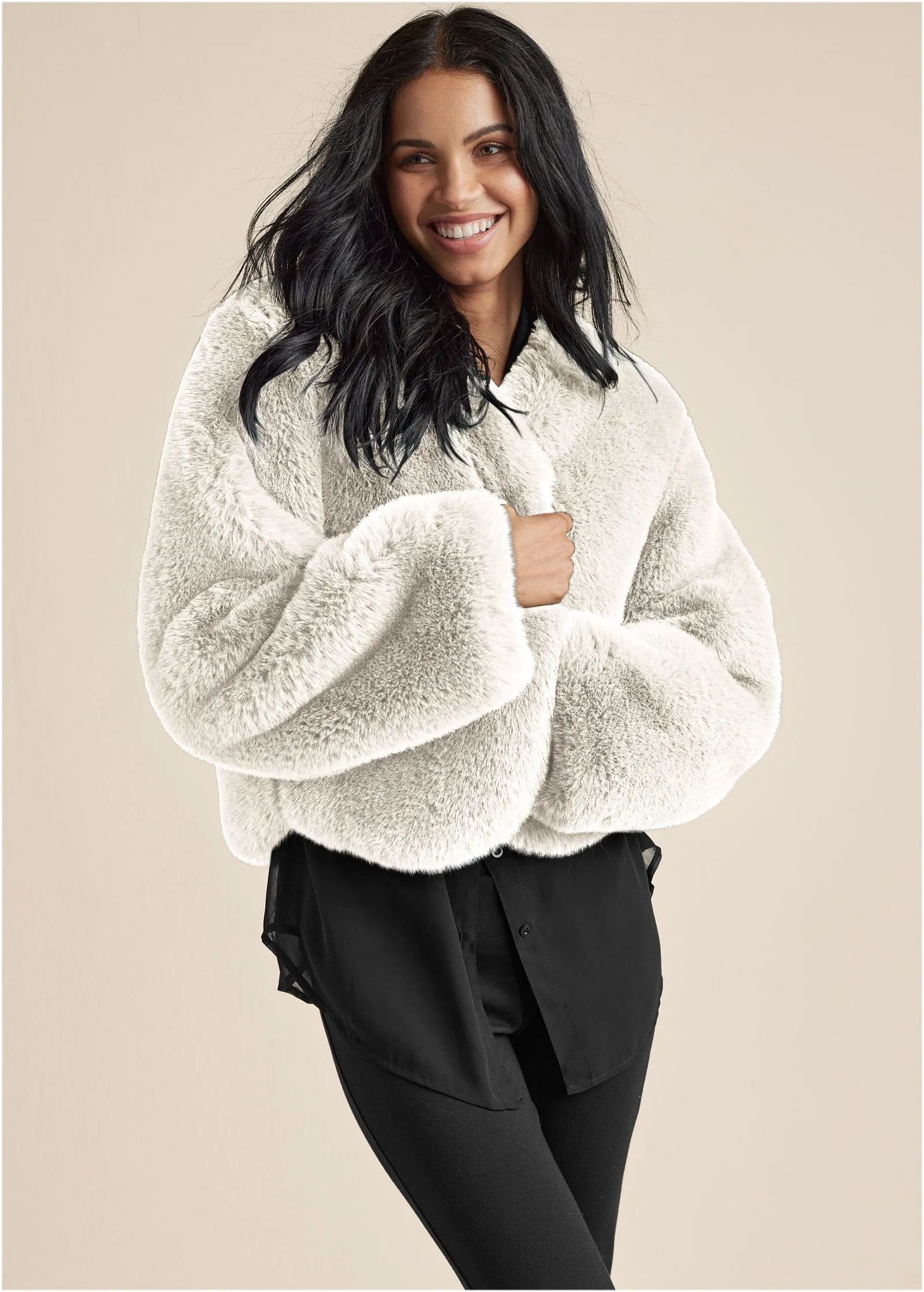 Cropped Faux Fur Coat - Off White