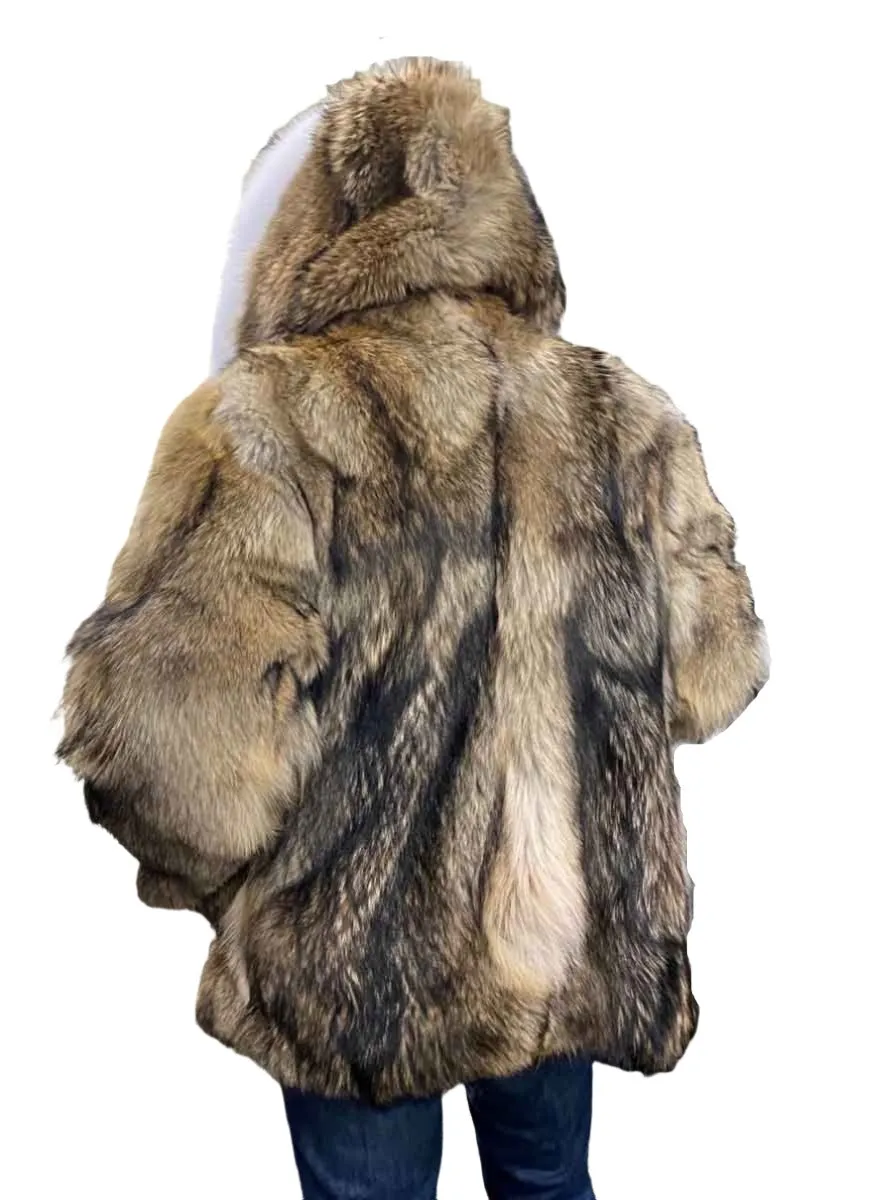 Custom Made Coyote Fur Jacket with Hood and Fox Fur Trim