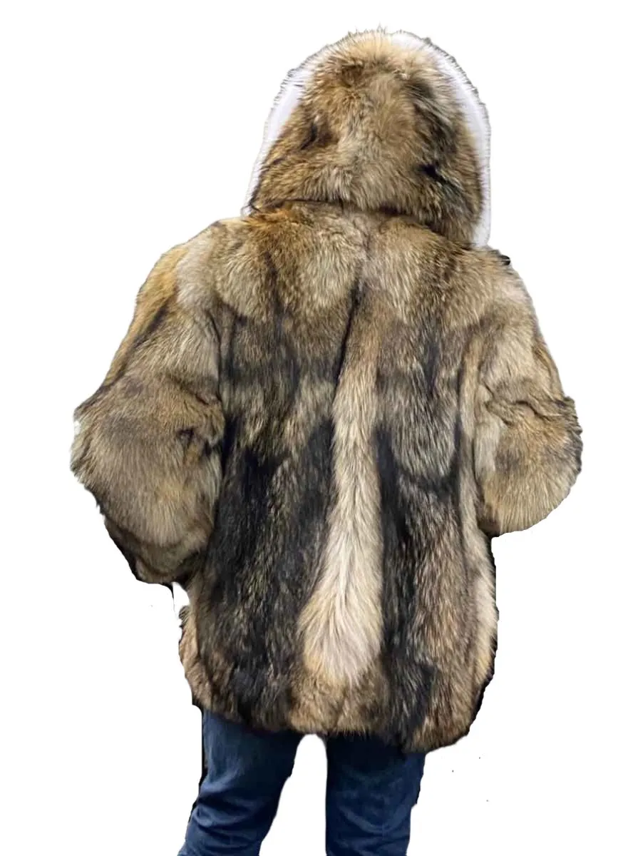 Custom Made Coyote Fur Jacket with Hood and Fox Fur Trim