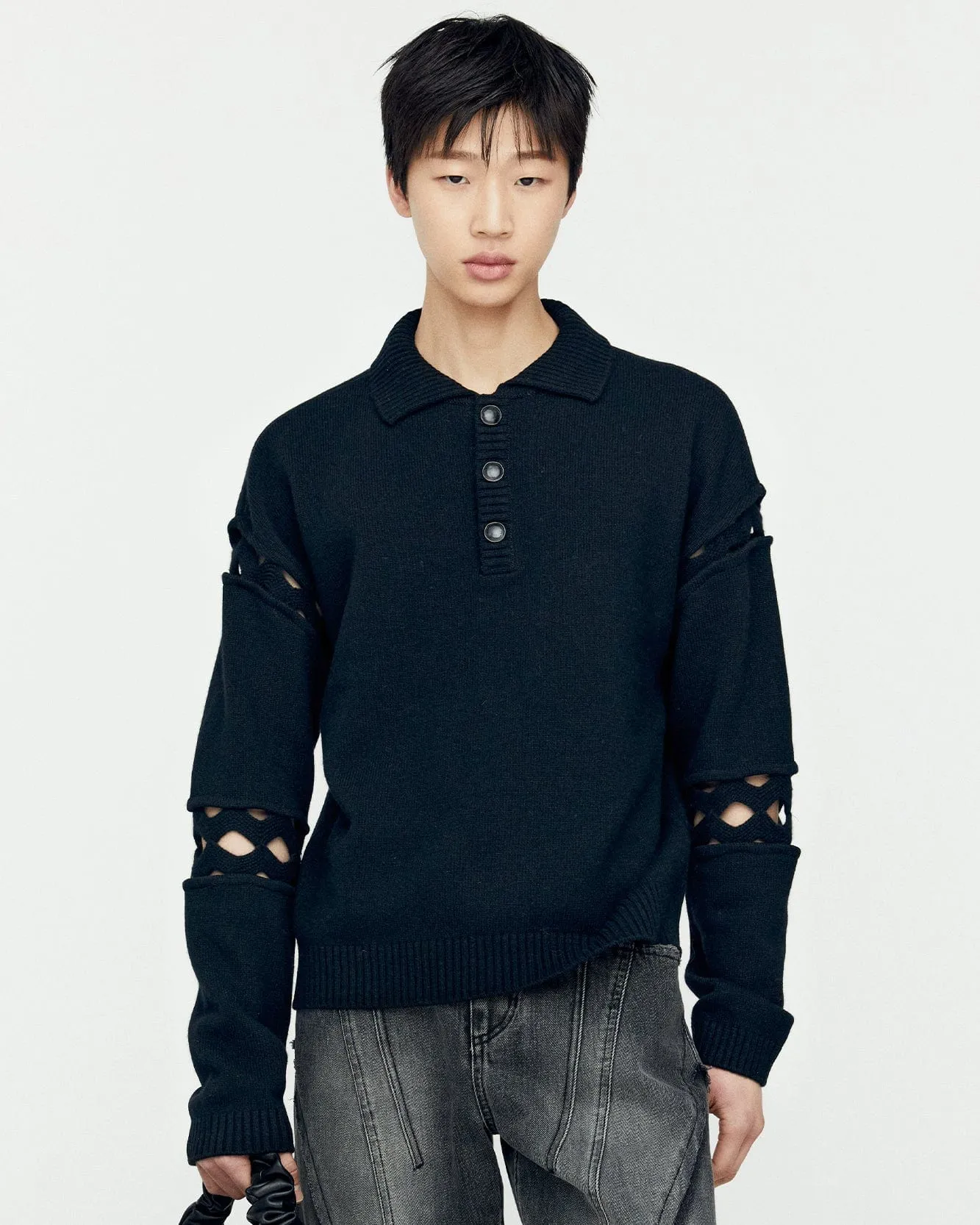 CUT OUT POLO SWEATER atb1158m(BLACK)