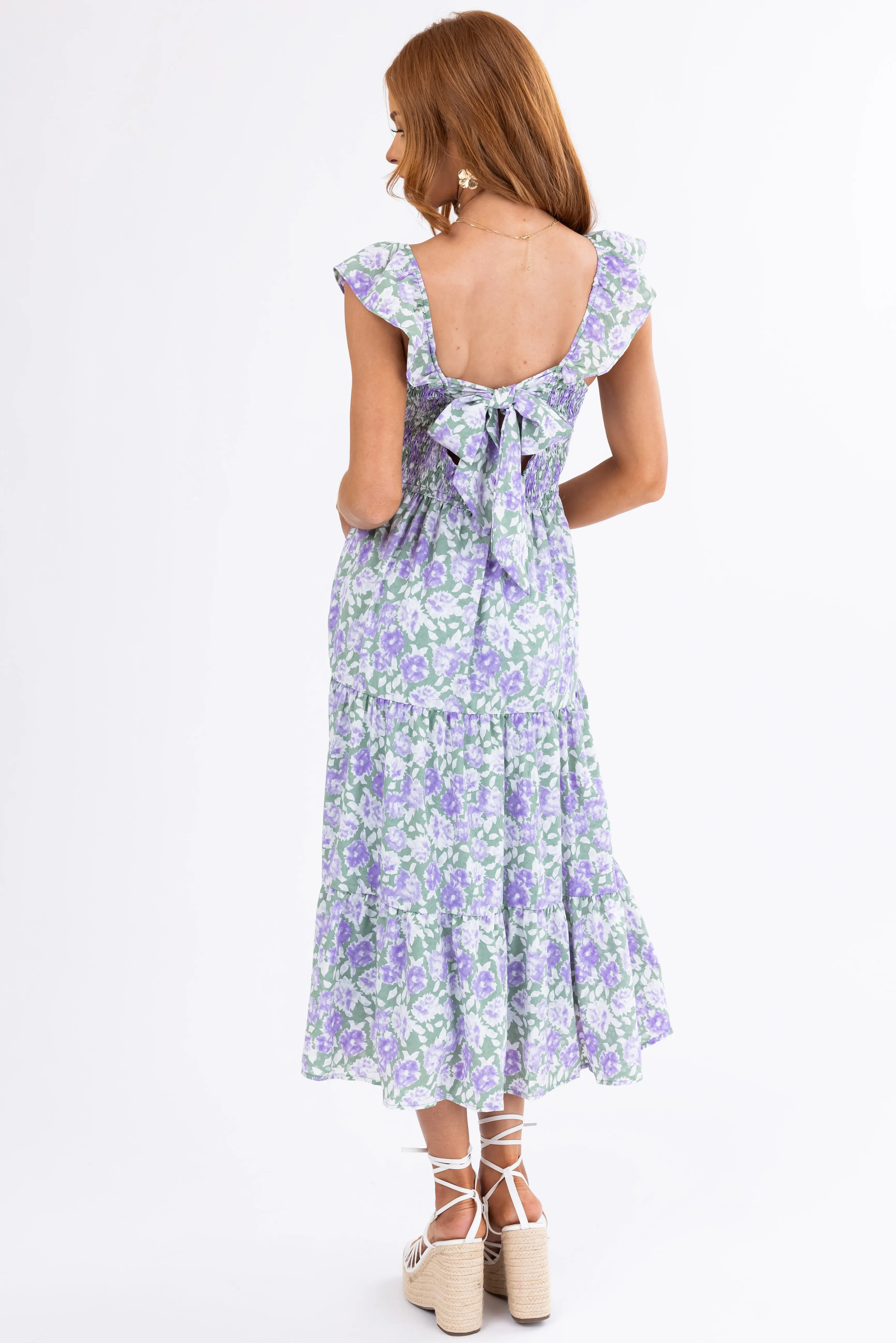 Dark Sage Floral Pattern Smocked Midi Dress