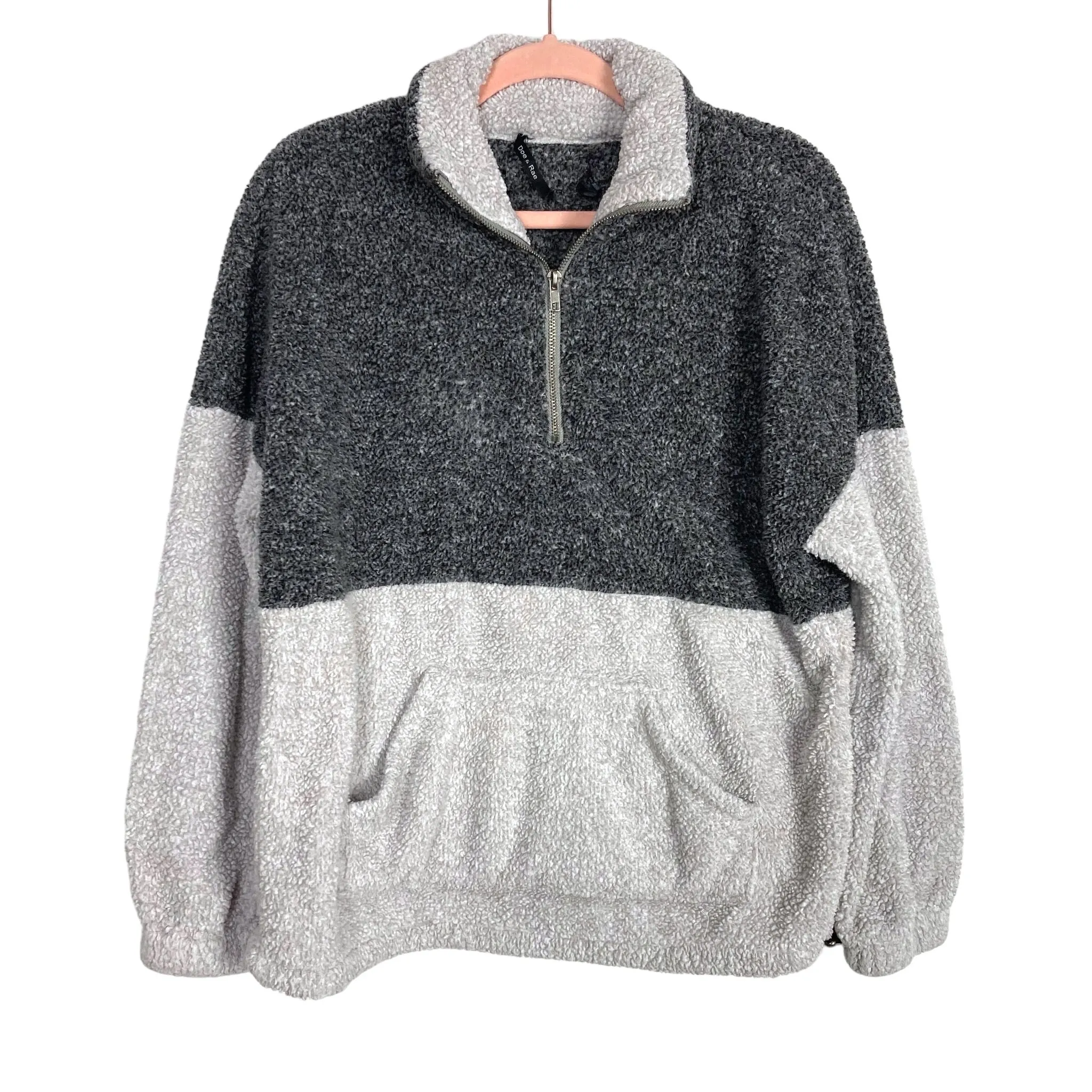 Doe & Rae Grey and Cream Sherpa Quarter Zip Pullover- Size S