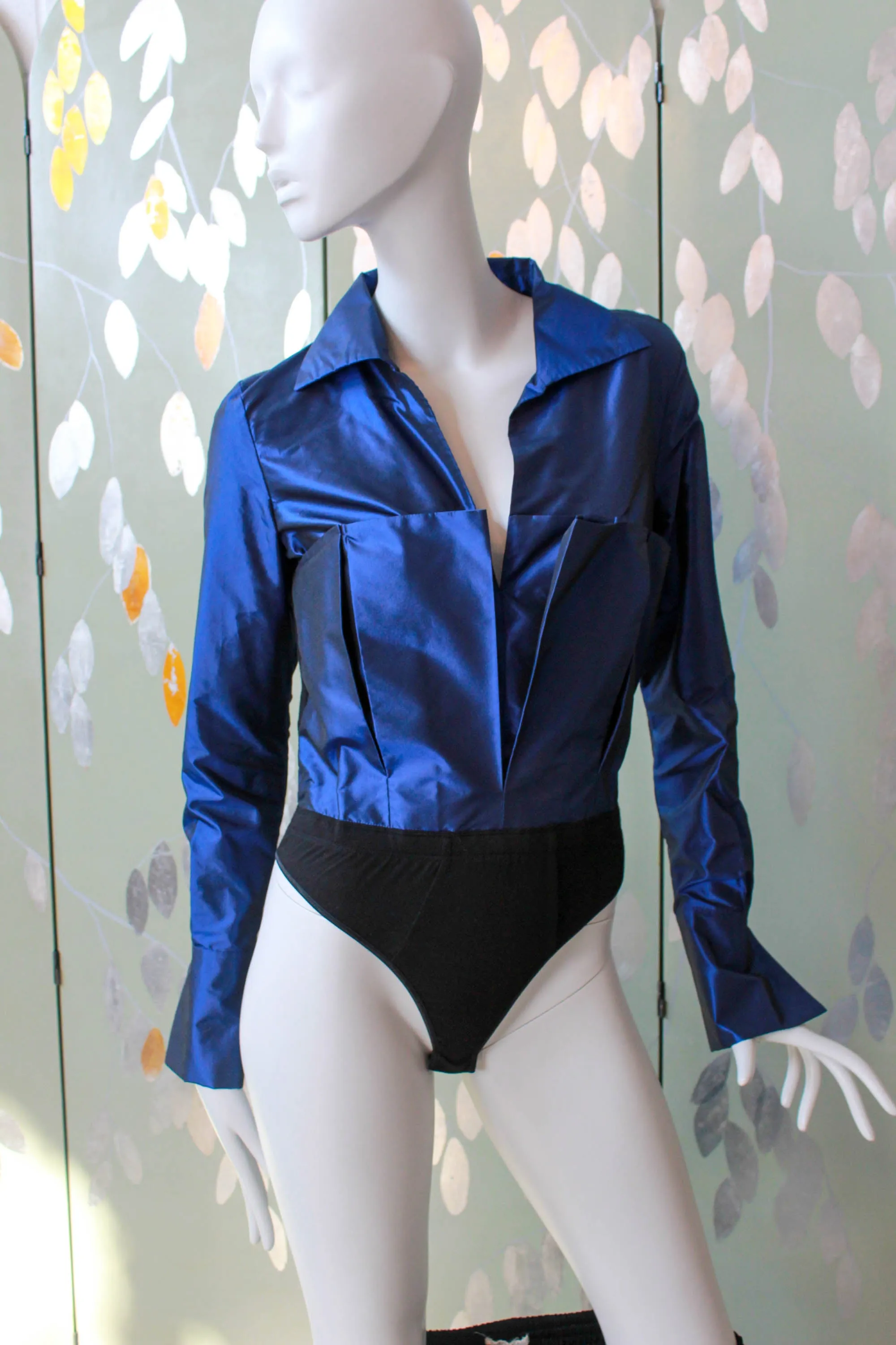 Donna Karan Blue Silk Iridescent Blouse-Bodysuit, Small