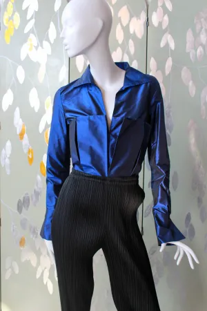 Donna Karan Blue Silk Iridescent Blouse-Bodysuit, Small