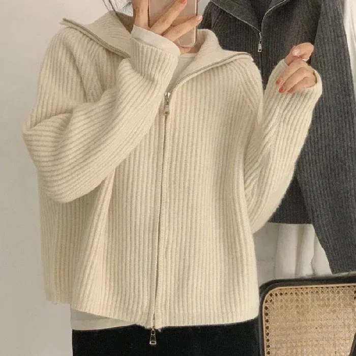 Double Zipper Lapel Polo Neck Turtleneck Sweater    S2748