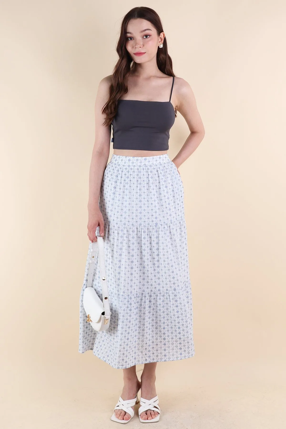 ELIA EYELET MIDI SKIRT IN BLUE