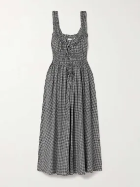 Emmaretta shirred gingham organic cotton-voile midi dress