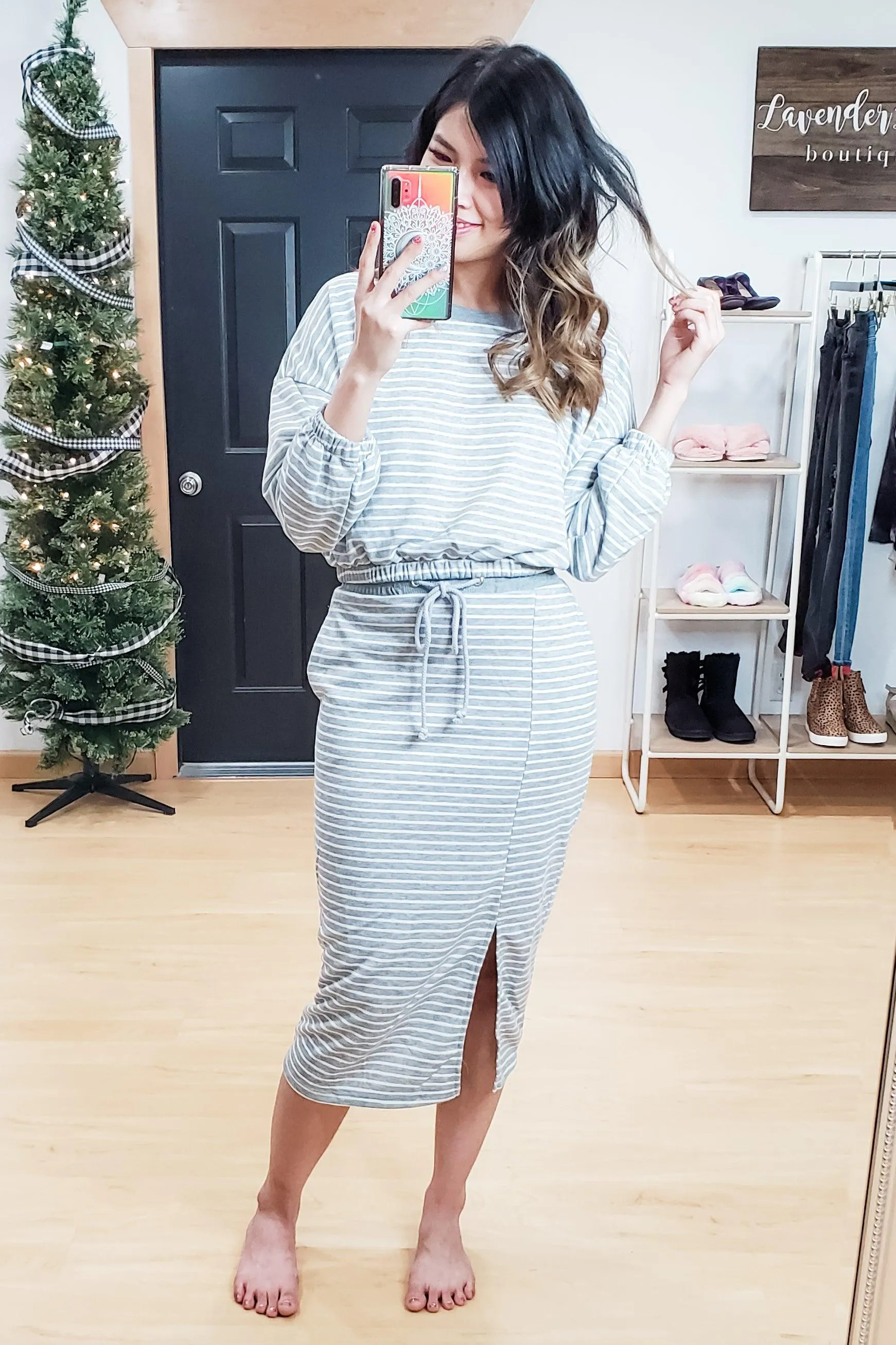 FINAL SALE - Grey Stripe Lounge Pullover and Skirt Set