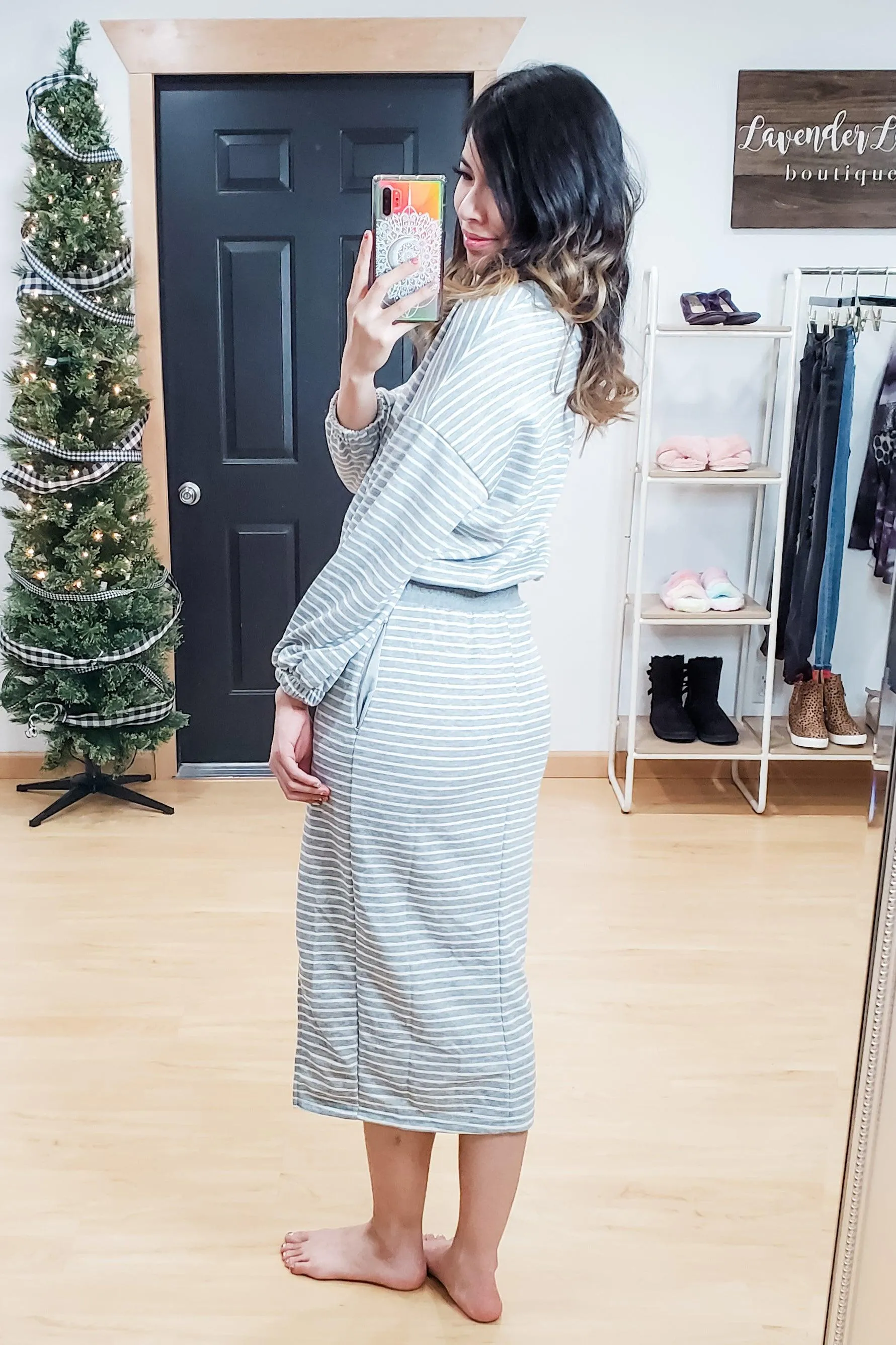 FINAL SALE - Grey Stripe Lounge Pullover and Skirt Set