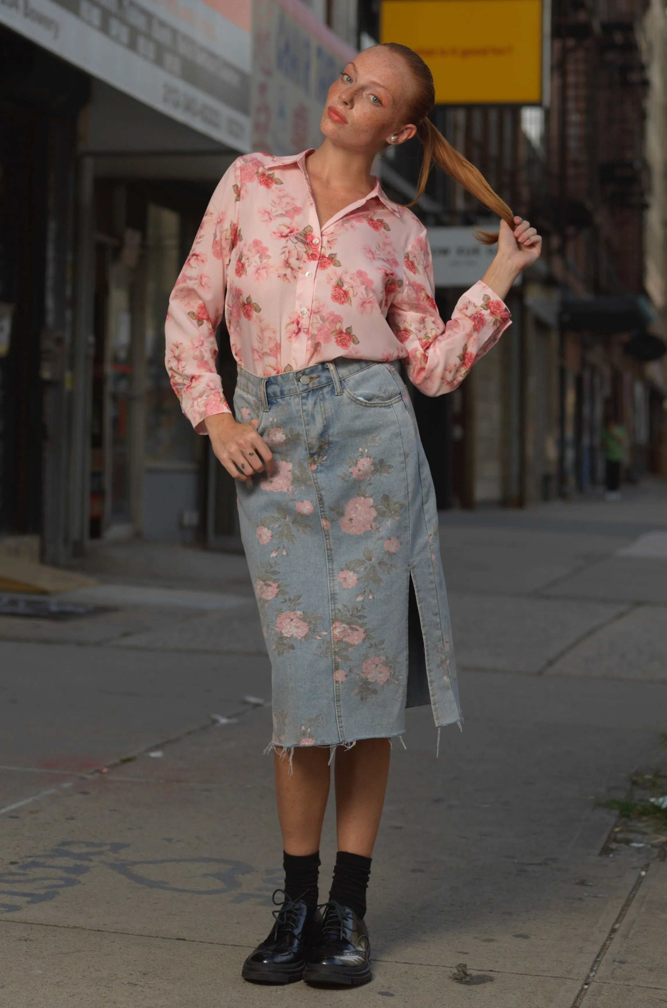 Floral Patterned Denim Midi Skirt