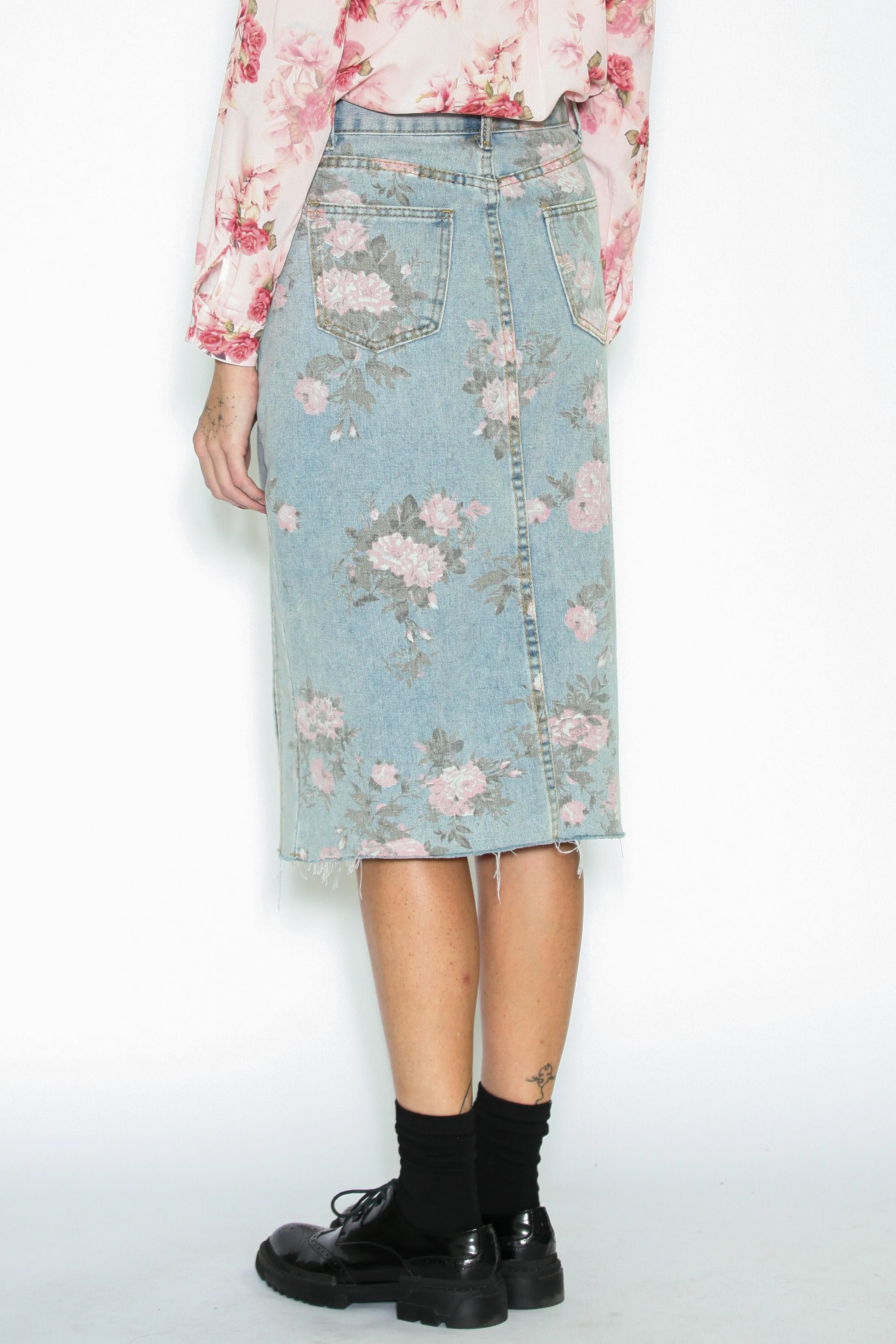 Floral Patterned Denim Midi Skirt