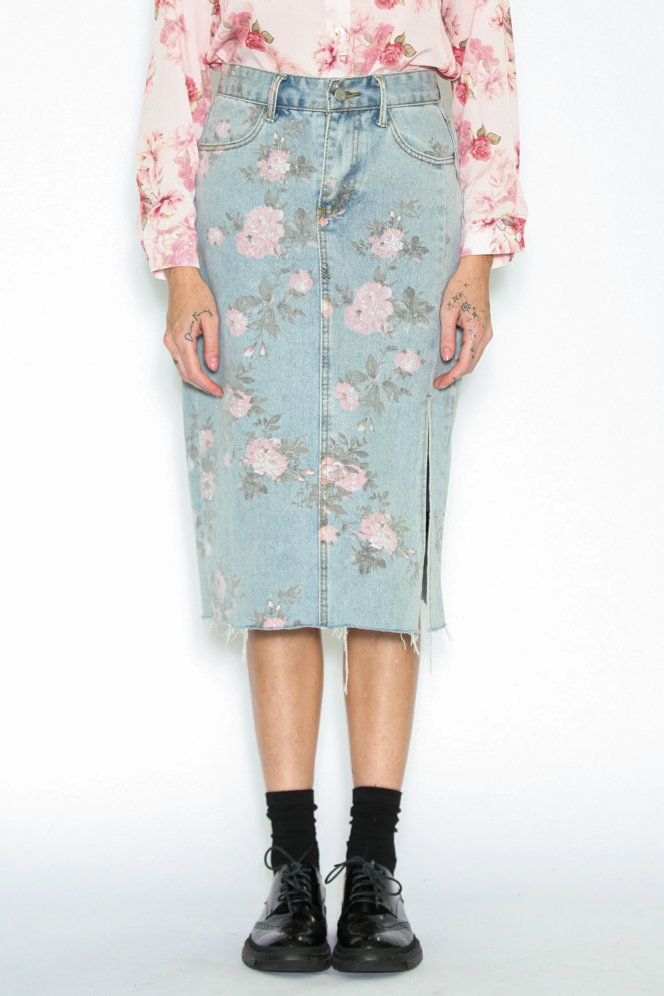 Floral Patterned Denim Midi Skirt