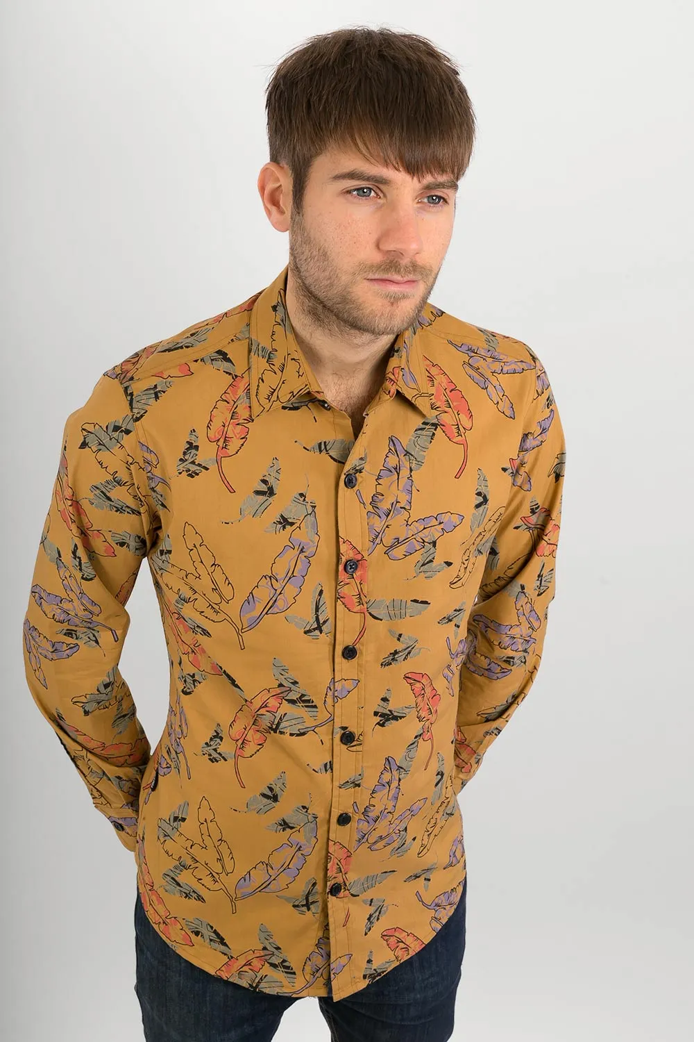 Floral Print Cotton Slim-Fit Long-Sleeve Mens Shirt