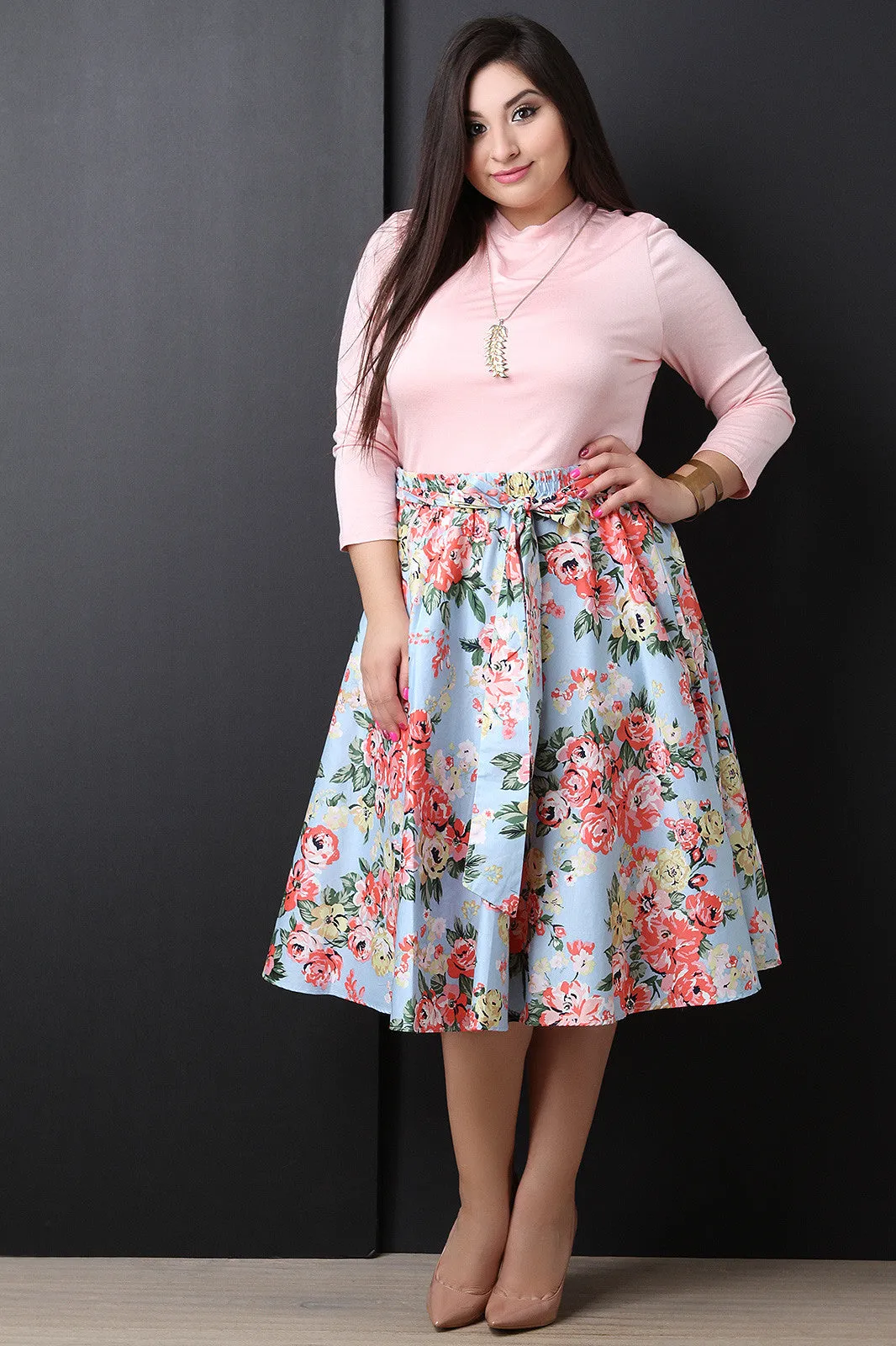 Floral Self-Tie Bow High Waisted Midi Skirt