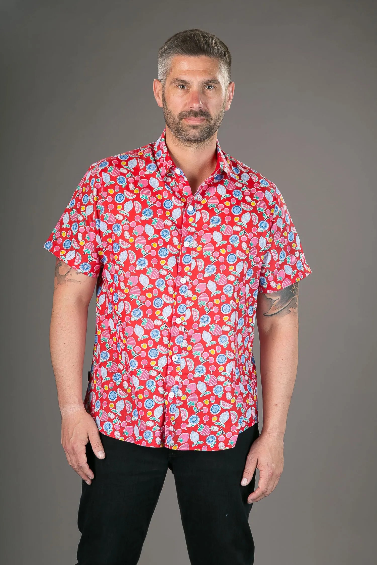 Fruits on Red Print Cotton Slim Fit Mens Shirt Short Sleeve