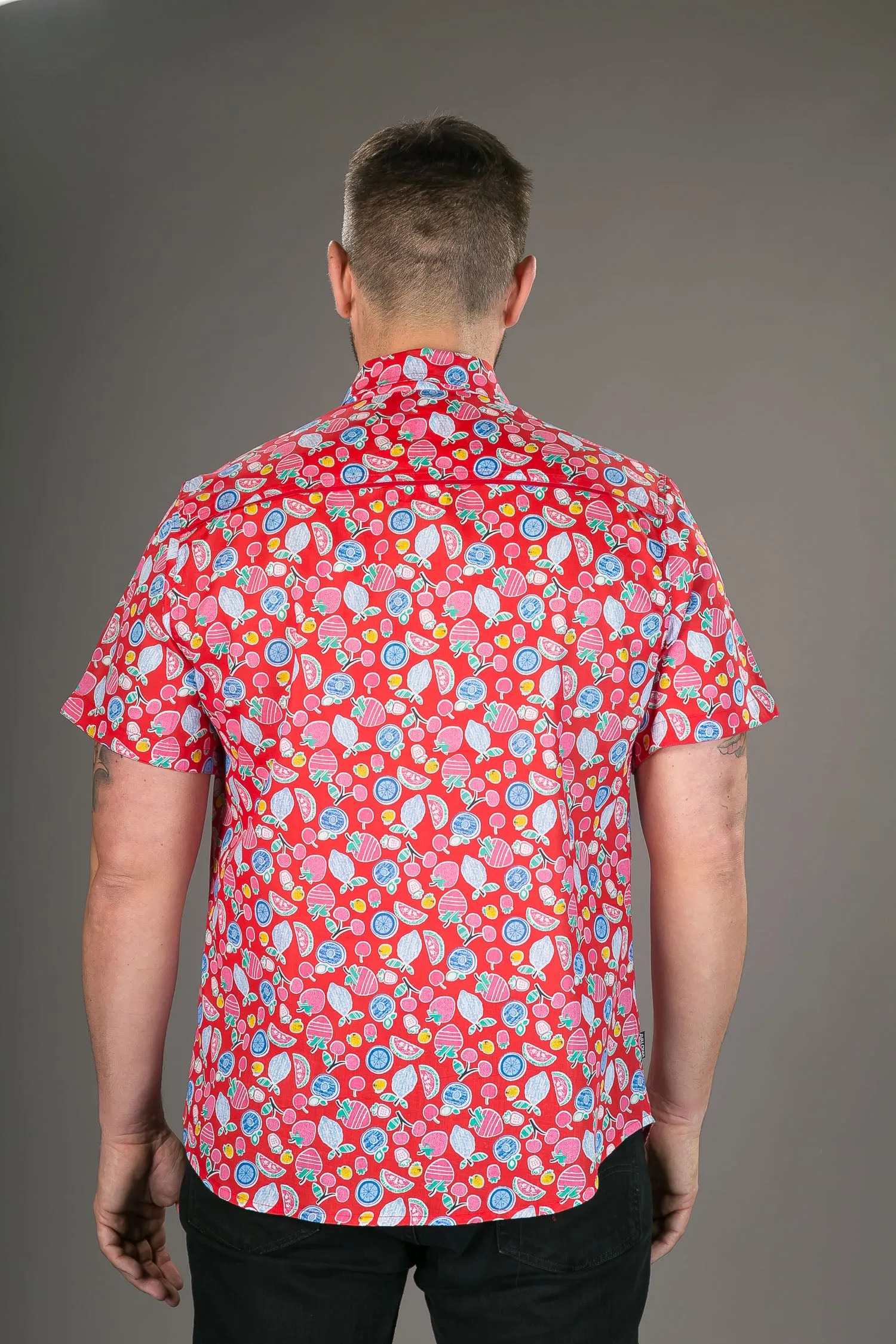 Fruits on Red Print Cotton Slim Fit Mens Shirt Short Sleeve