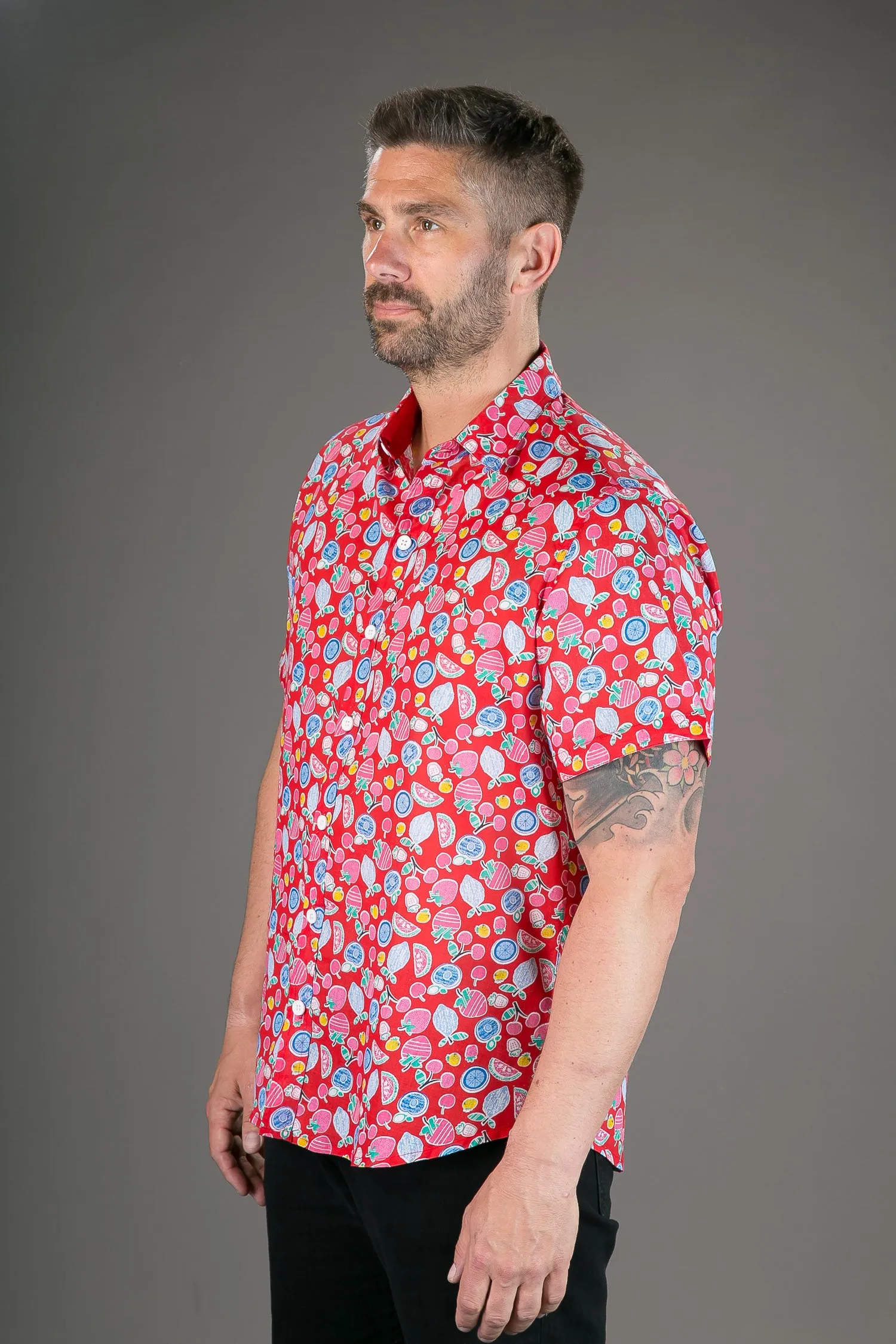 Fruits on Red Print Cotton Slim Fit Mens Shirt Short Sleeve