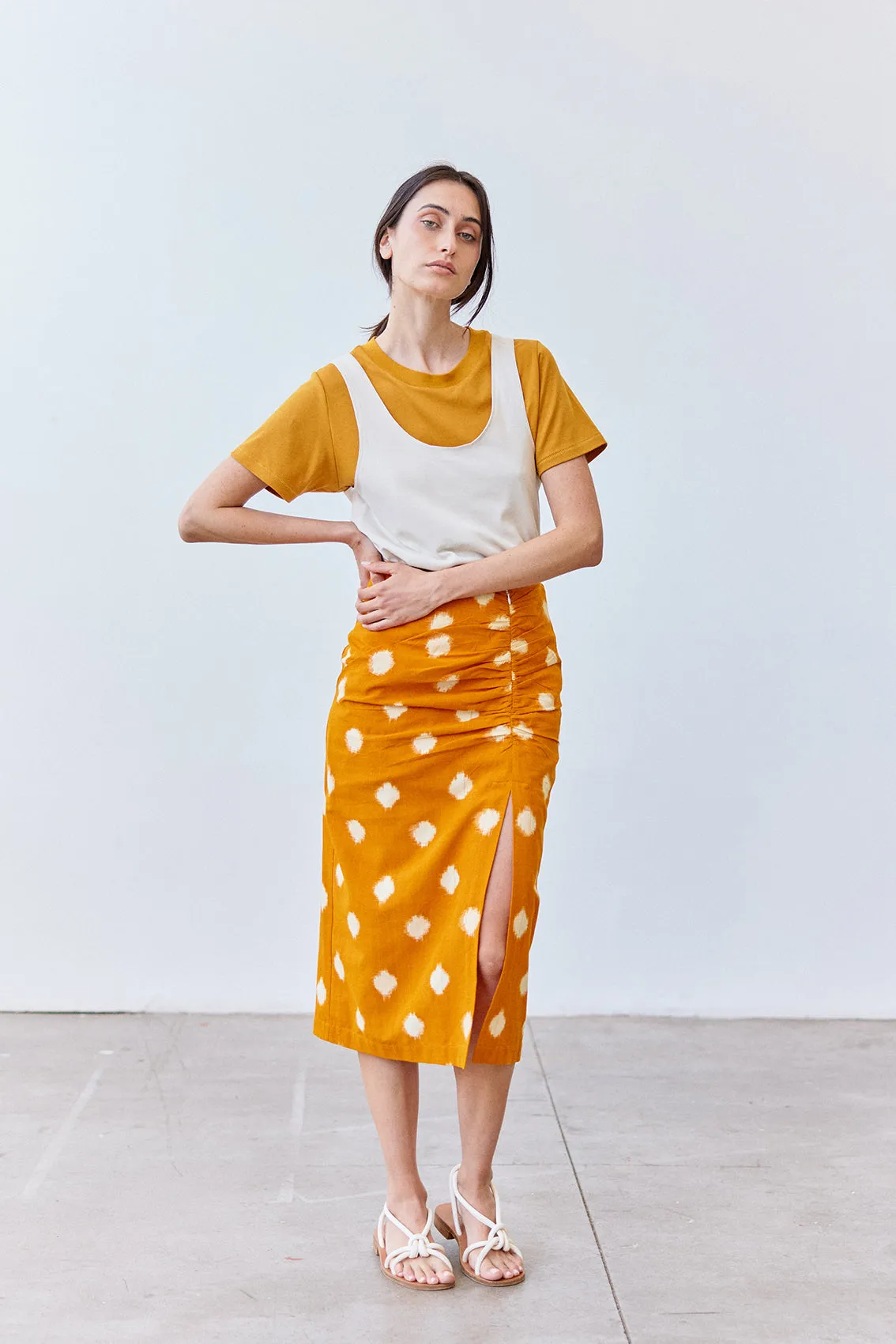 Gathered Pencil Skirt Ikat Cotton - Cúrcuma