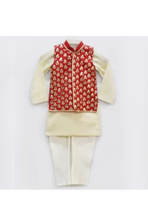 Golden Kurta With Red Embroidered Jacket And Off White Churidar