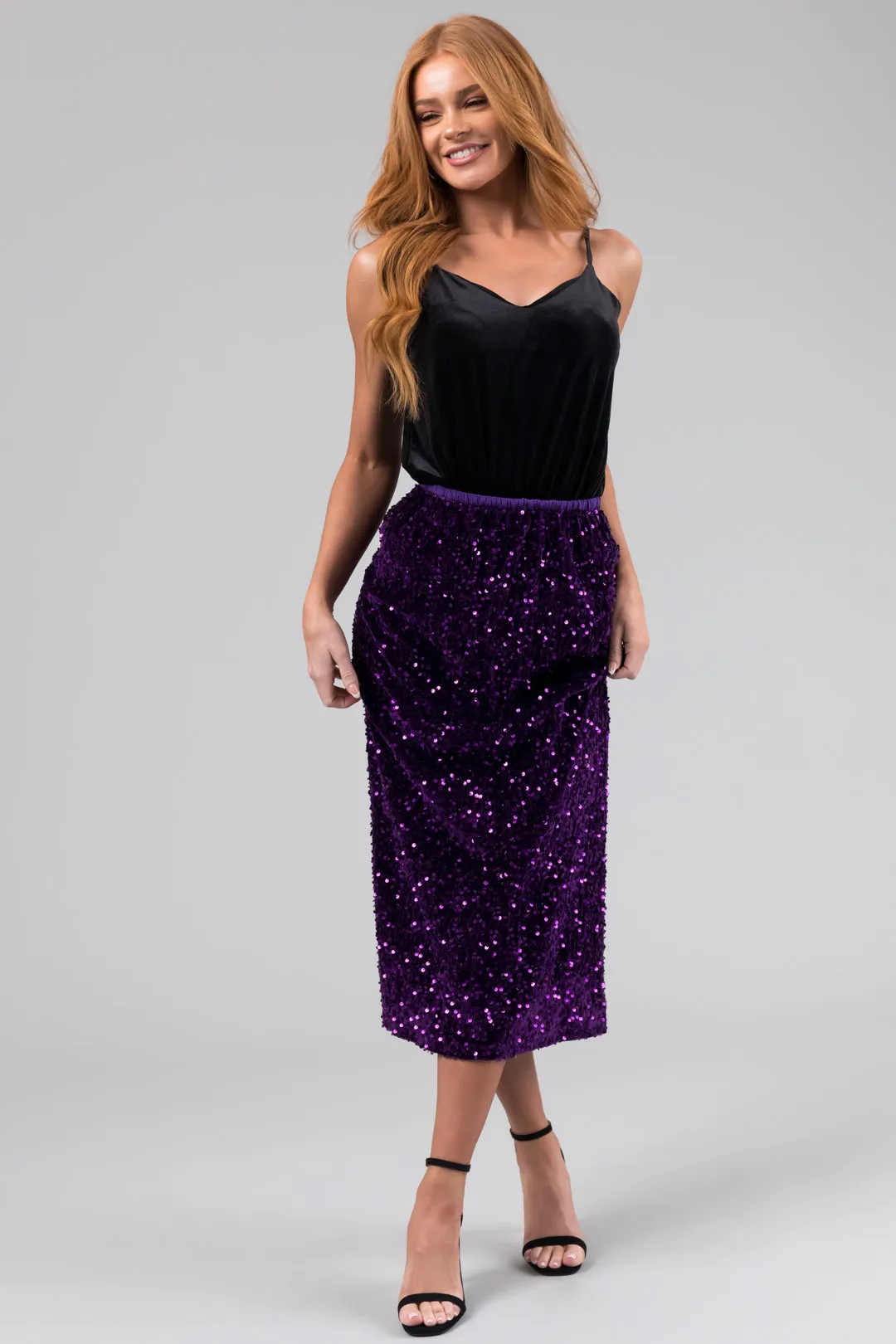 Grape Velvet Sequined Elastic Midi Skirt