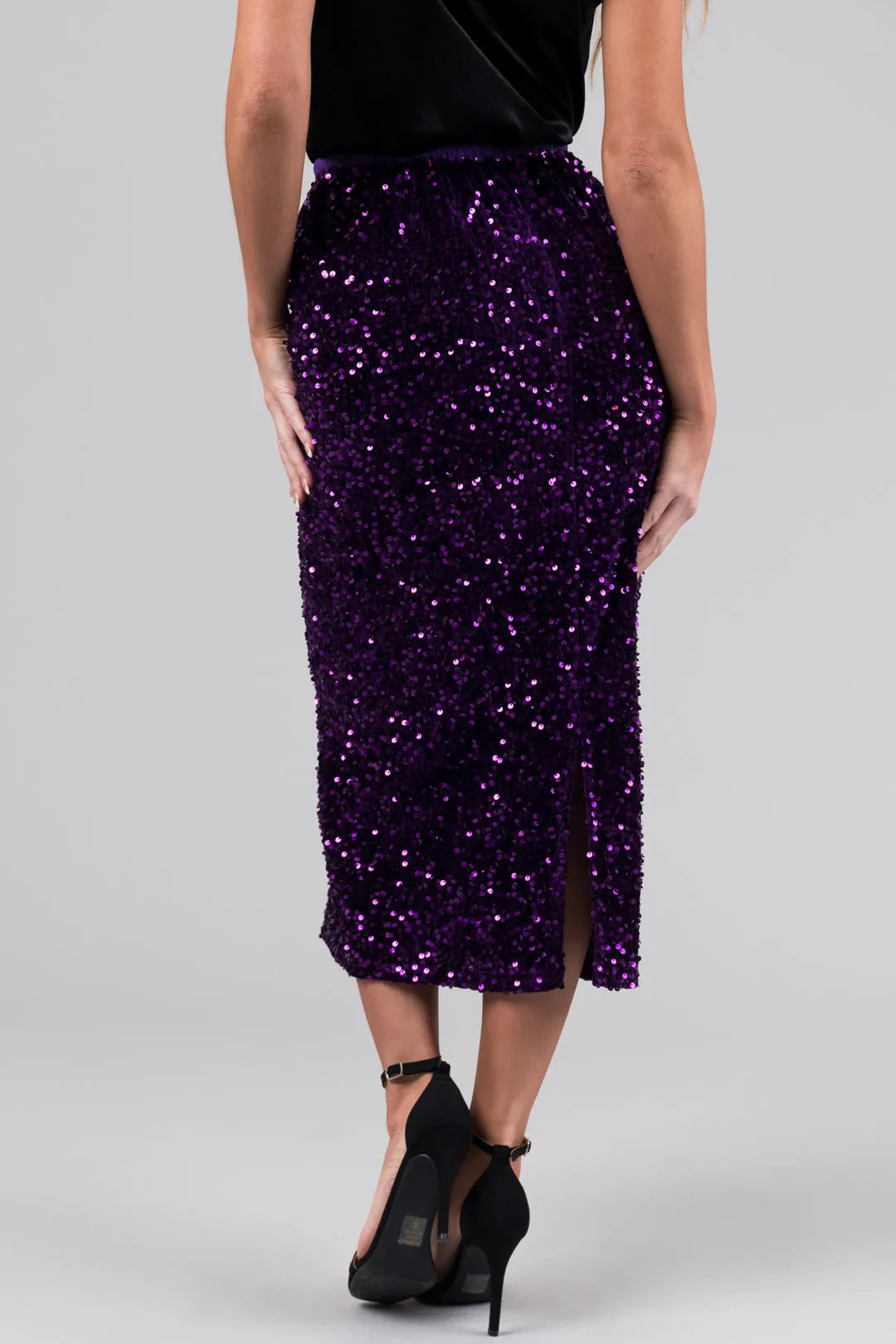 Grape Velvet Sequined Elastic Midi Skirt