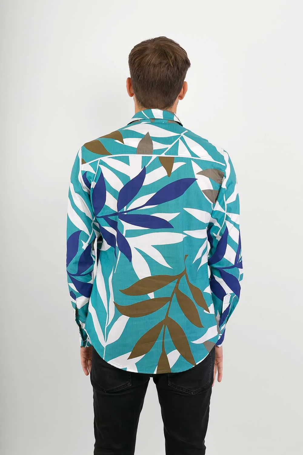 Green Blue Brown White Tropical Leaf Print Cotton Slim Fit Mens Shirt Long Sleeve