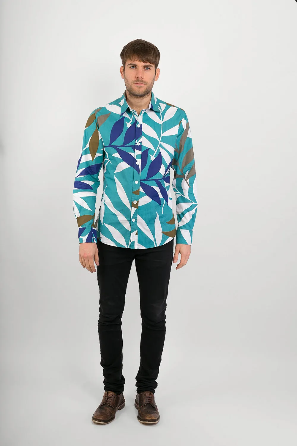 Green Blue Brown White Tropical Leaf Print Cotton Slim Fit Mens Shirt Long Sleeve