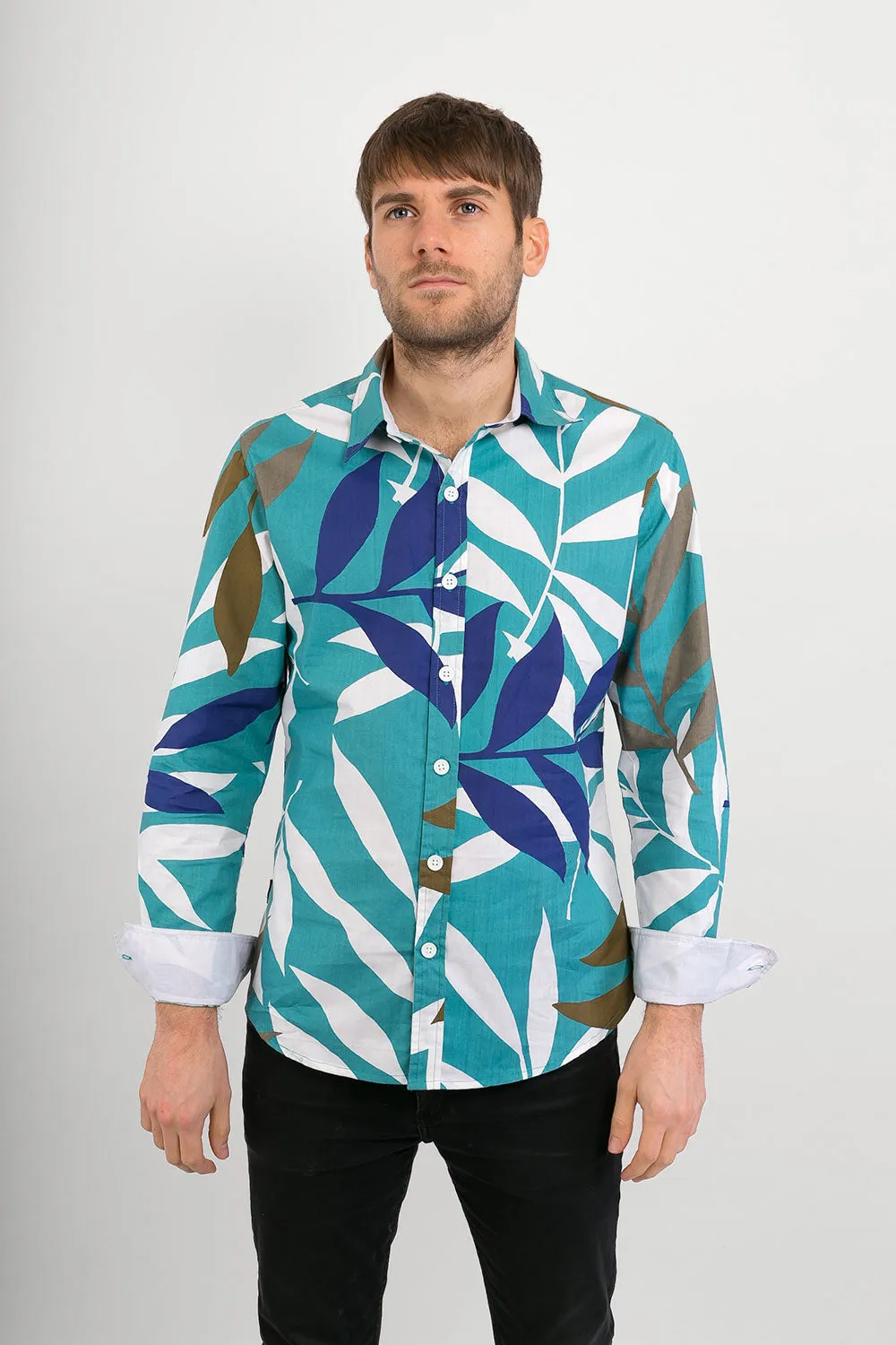 Green Blue Brown White Tropical Leaf Print Cotton Slim Fit Mens Shirt Long Sleeve