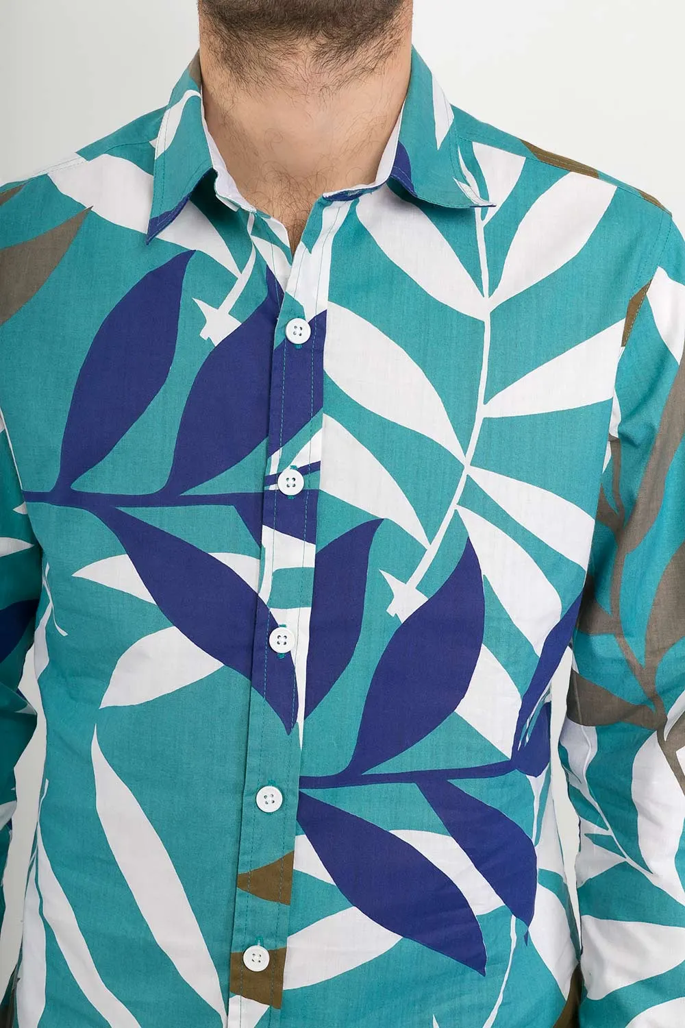 Green Blue Brown White Tropical Leaf Print Cotton Slim Fit Mens Shirt Long Sleeve