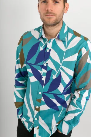 Green Blue Brown White Tropical Leaf Print Cotton Slim Fit Mens Shirt Long Sleeve