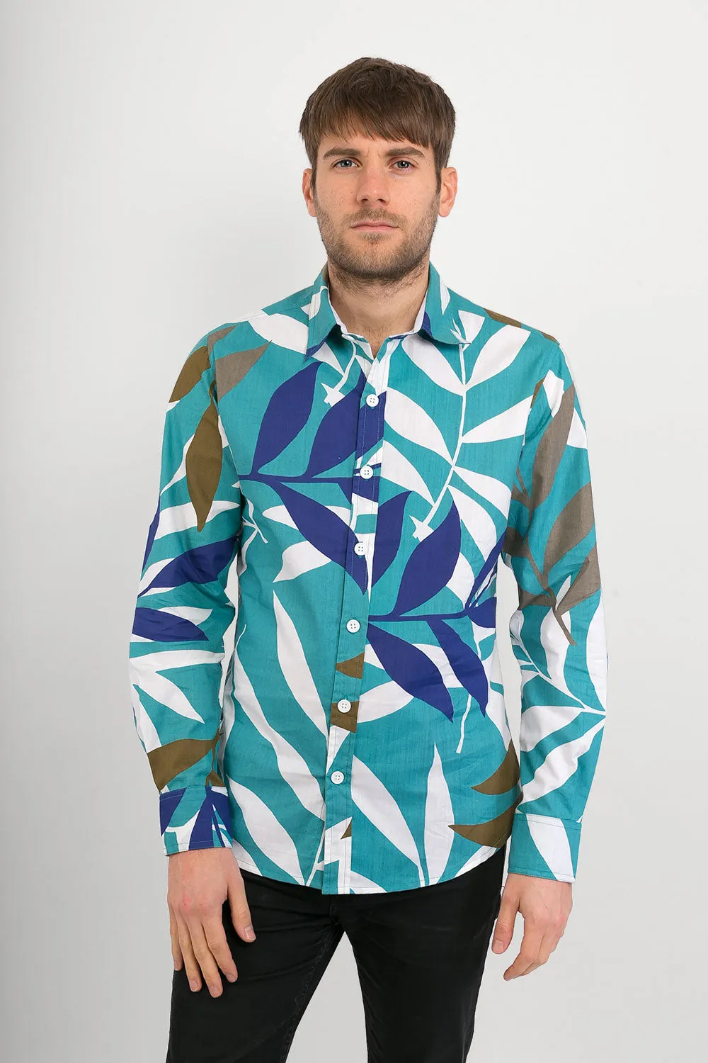 Green Blue Brown White Tropical Leaf Print Cotton Slim Fit Mens Shirt Long Sleeve