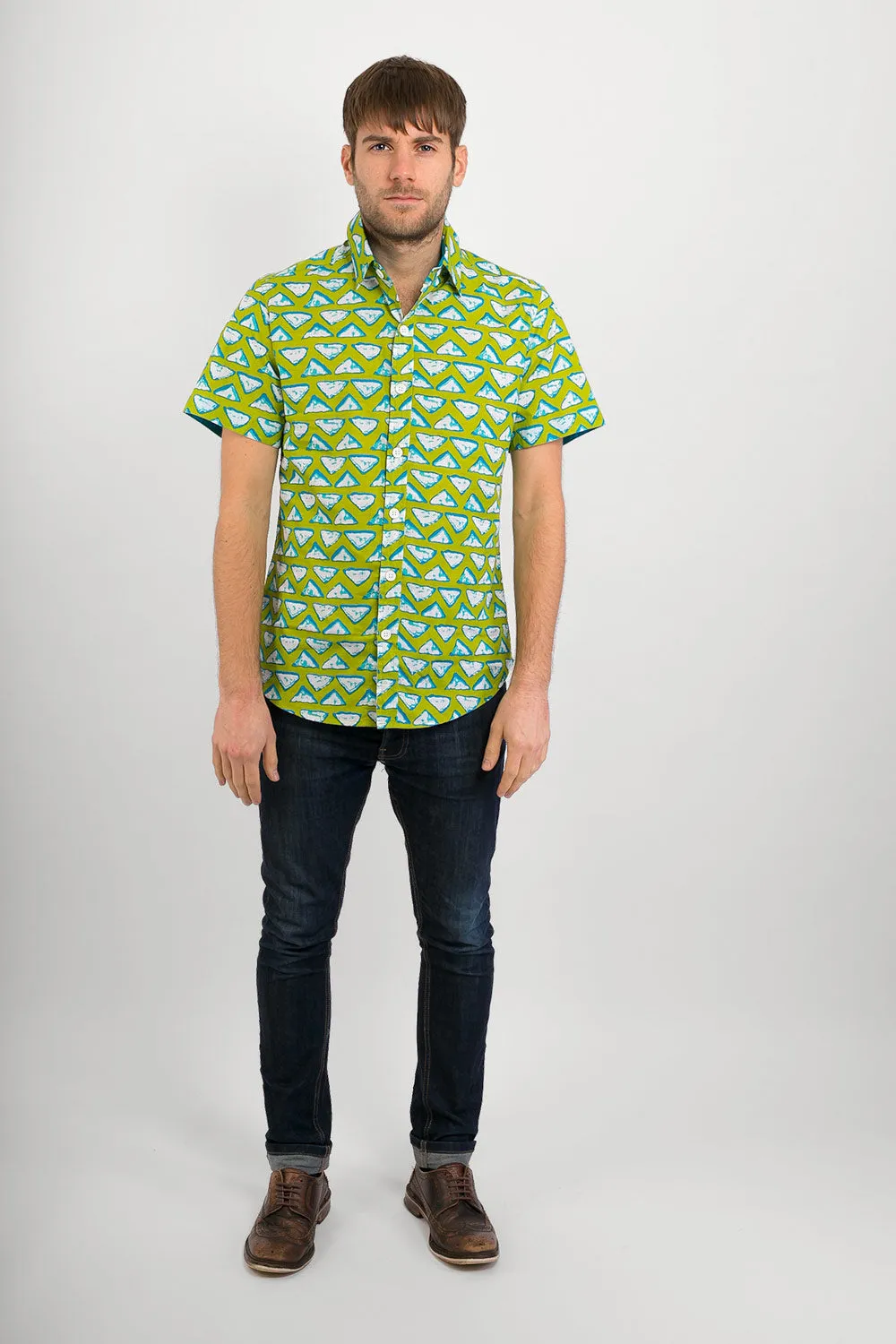 Green Blue Triangular Print Cotton Slim Fit Mens Shirt Short Sleeve