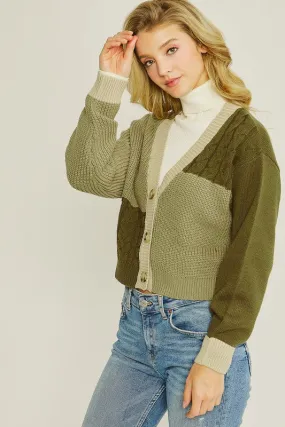 Green Color Block Sweater Cardigan