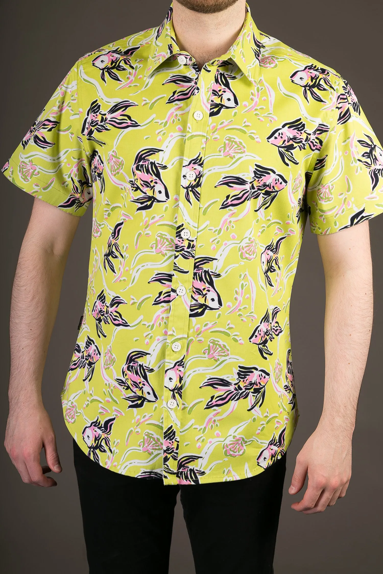 Green Fish Print Cotton Slim Fit Mens Shirt Short Sleeve