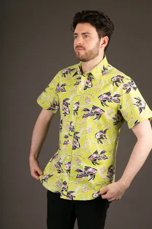 Green Fish Print Cotton Slim Fit Mens Shirt Short Sleeve