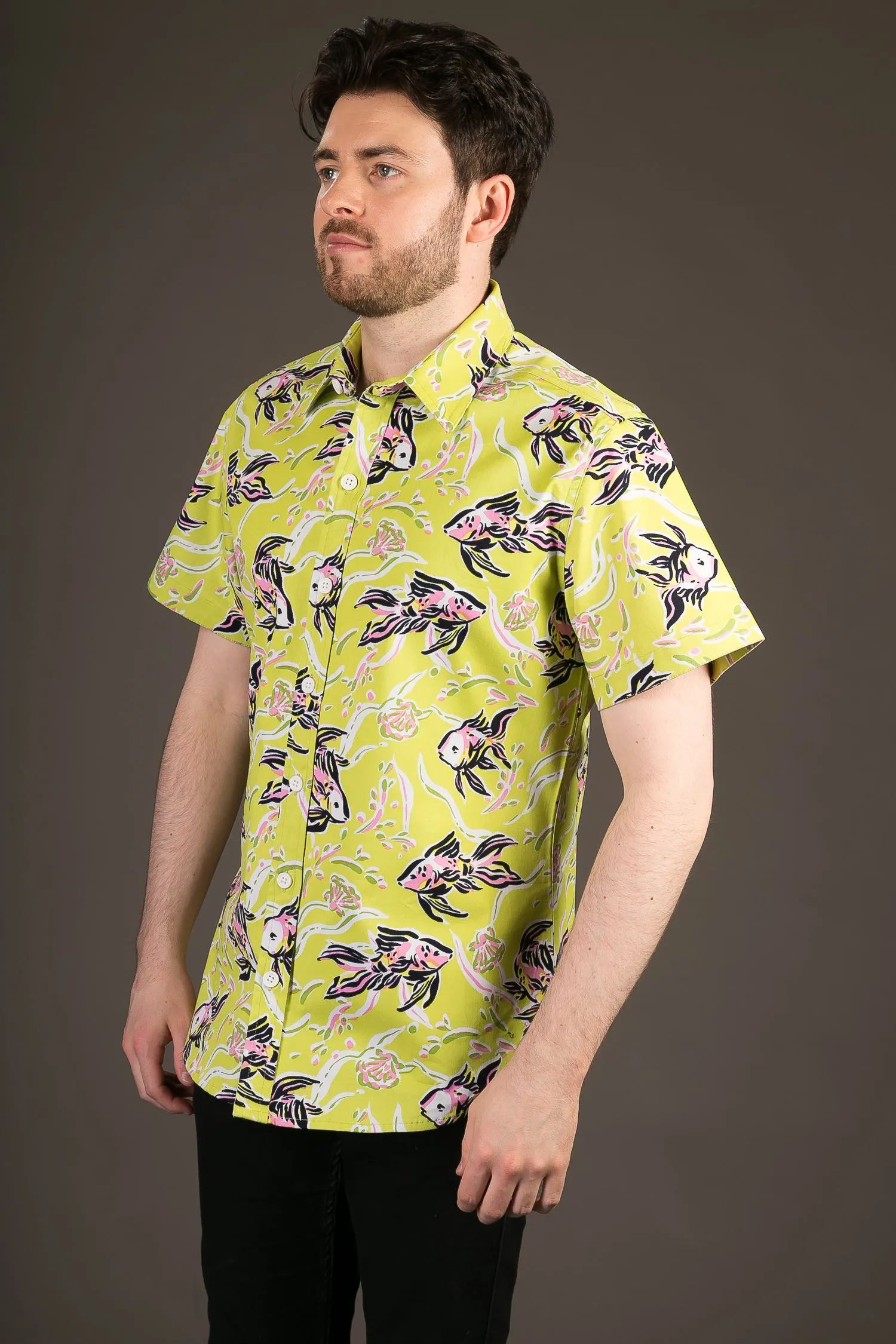 Green Fish Print Cotton Slim Fit Mens Shirt Short Sleeve