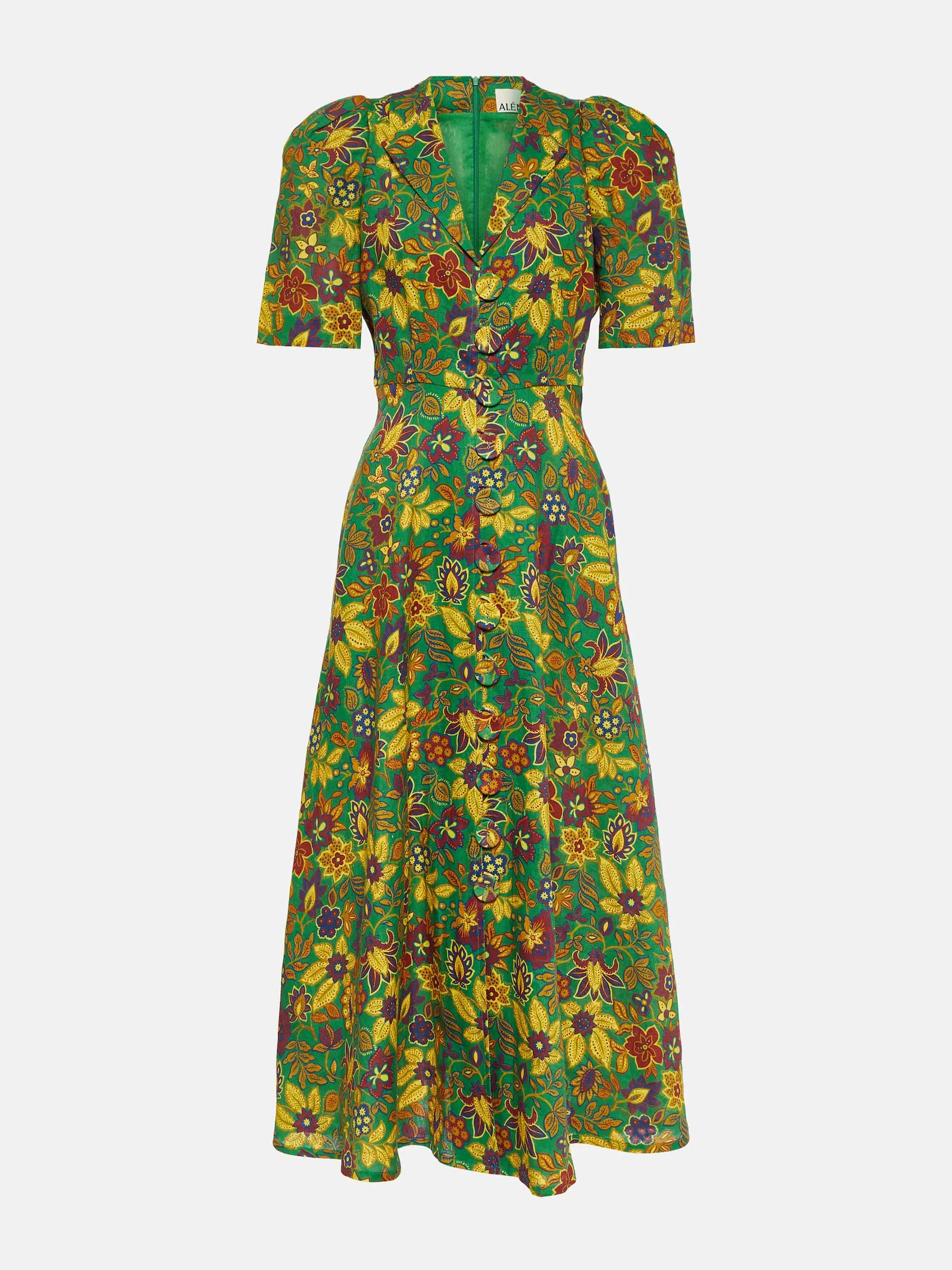 Green floral linen midi dress