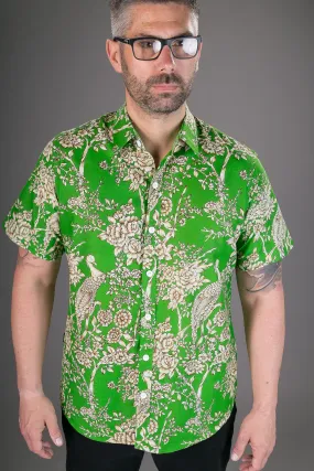 Green Peacock Flowers Print Cotton Slim and Regular Fit Mens Shirt Short Sleeve