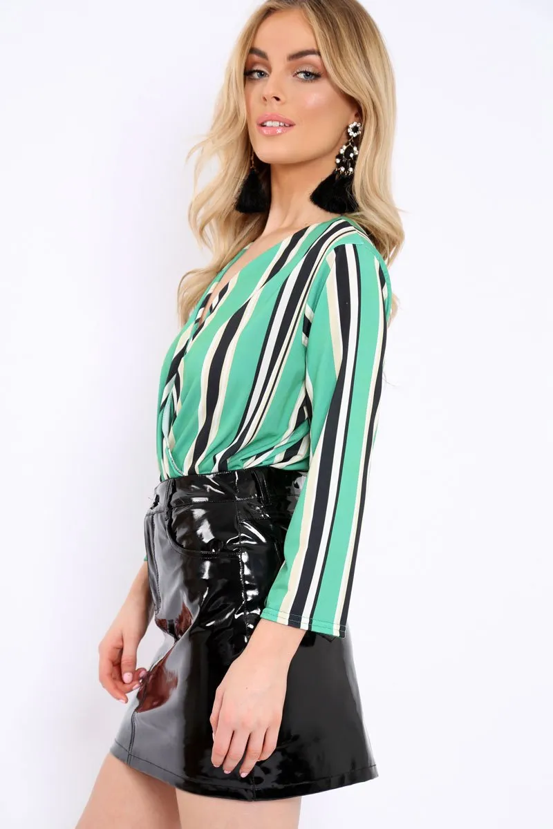 Green Striped Wrap Front Plunge Bodysuit - Edie