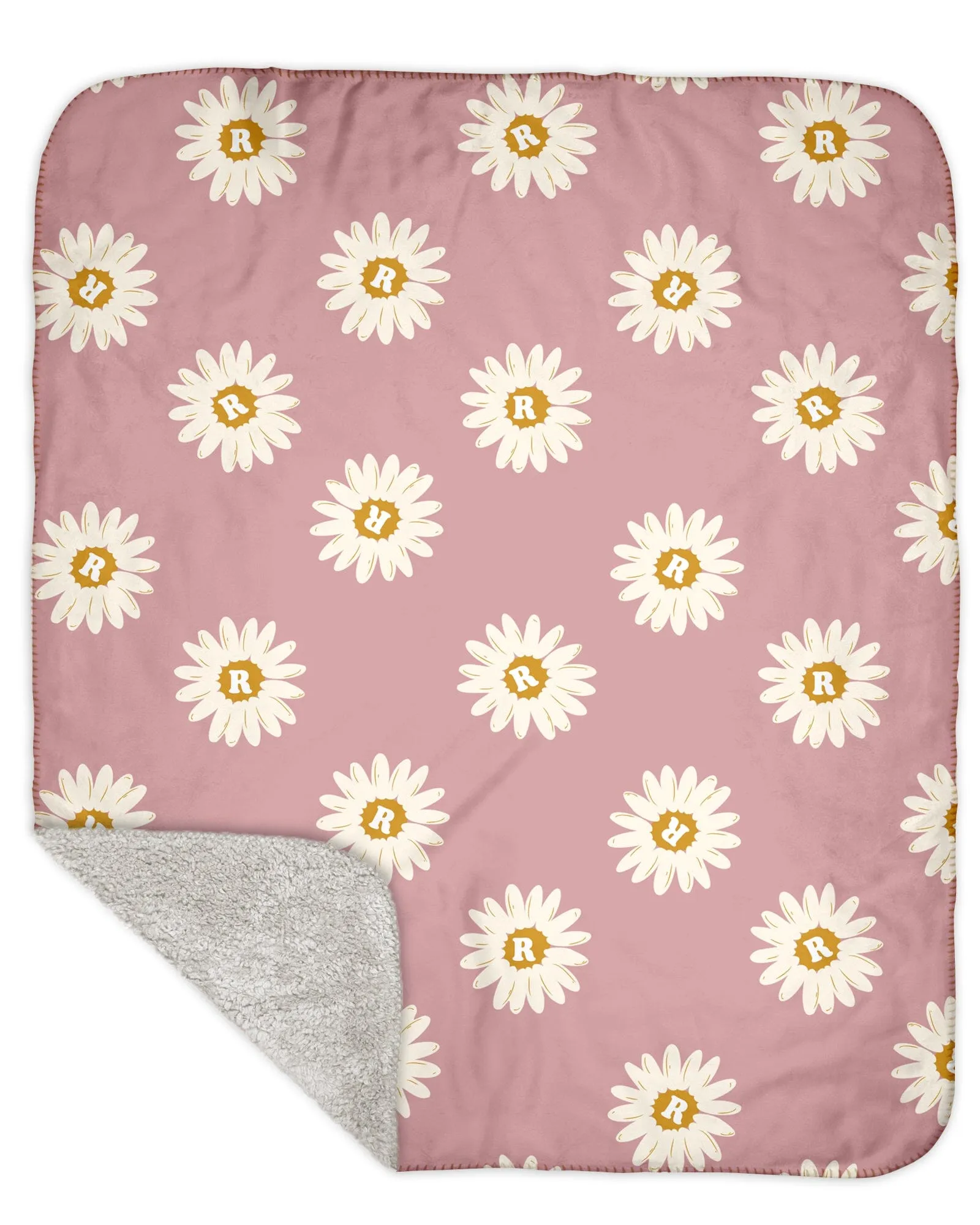 H3XHB Sherpa Back Happy Daisy Monogram Blanket