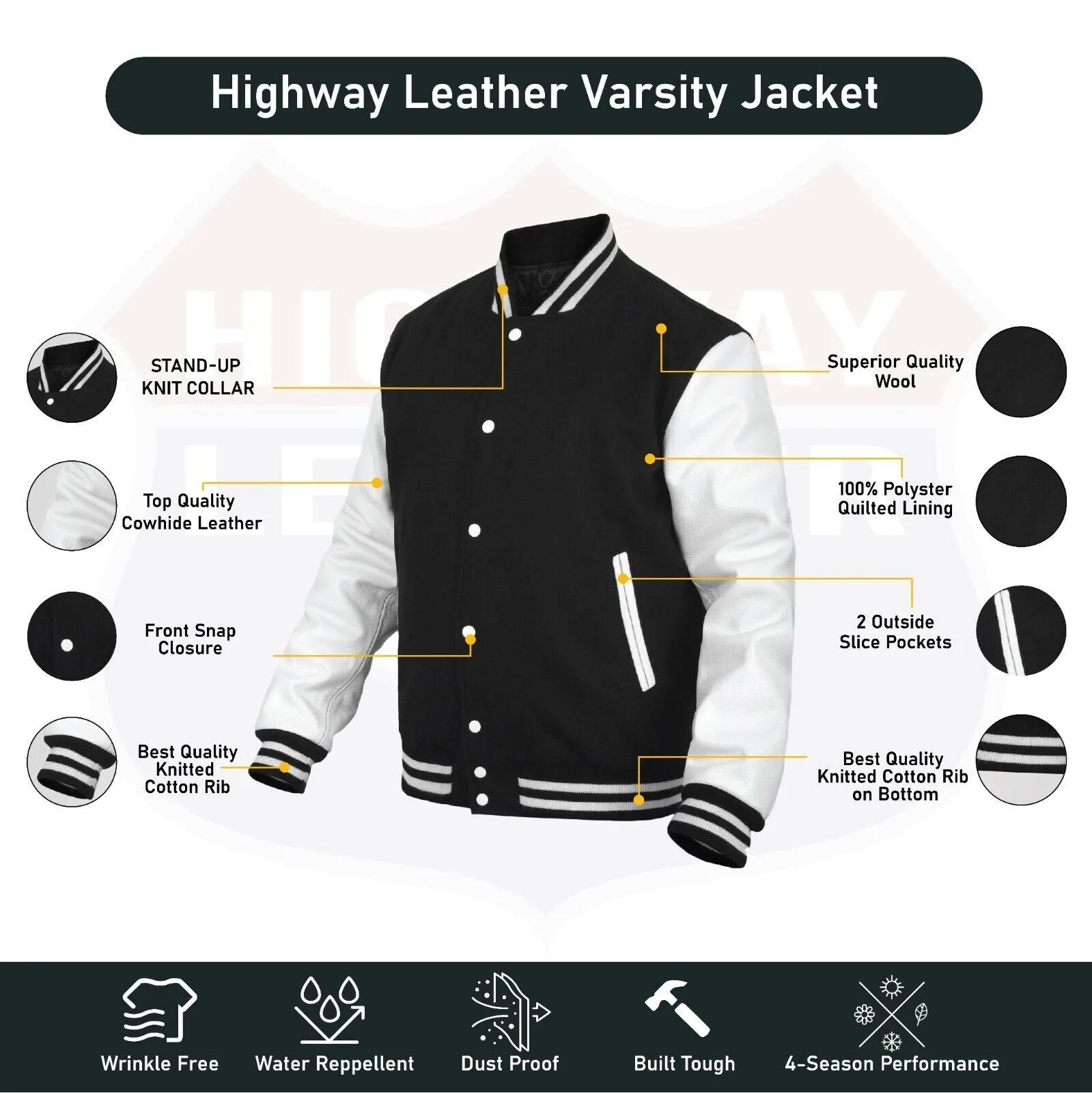 HL2802BLK/WHT Leather Varsity Jacket Letterman Jacket Baseball Jacket Banded Collar