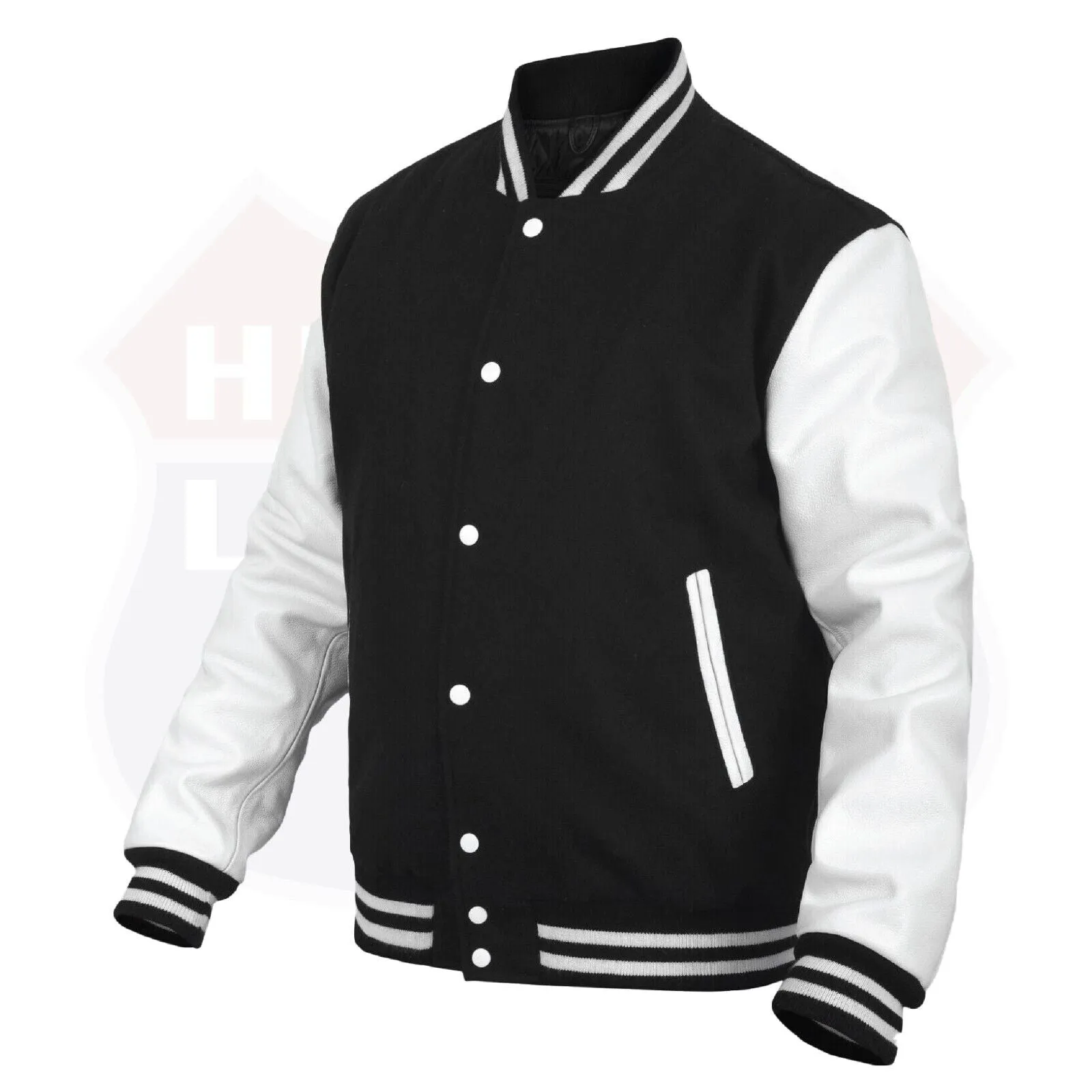 HL2802BLK/WHT Leather Varsity Jacket Letterman Jacket Baseball Jacket Banded Collar