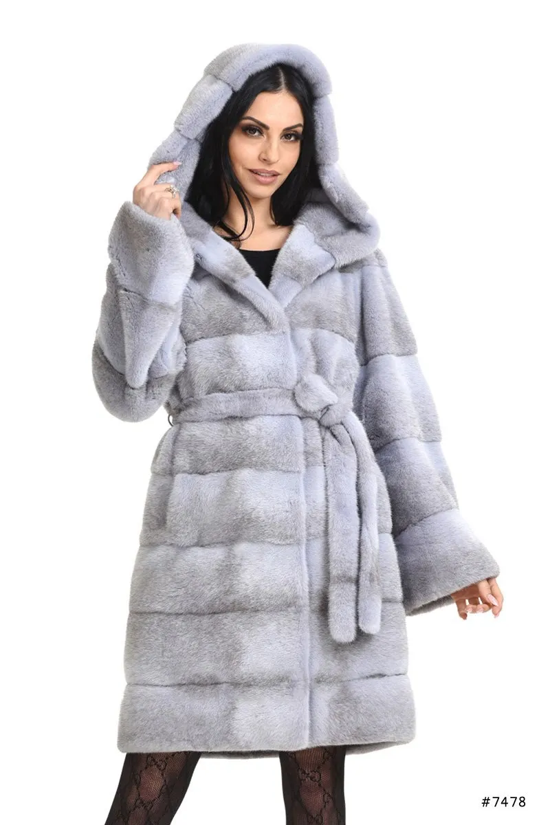 Hooded mink fur coat with belt